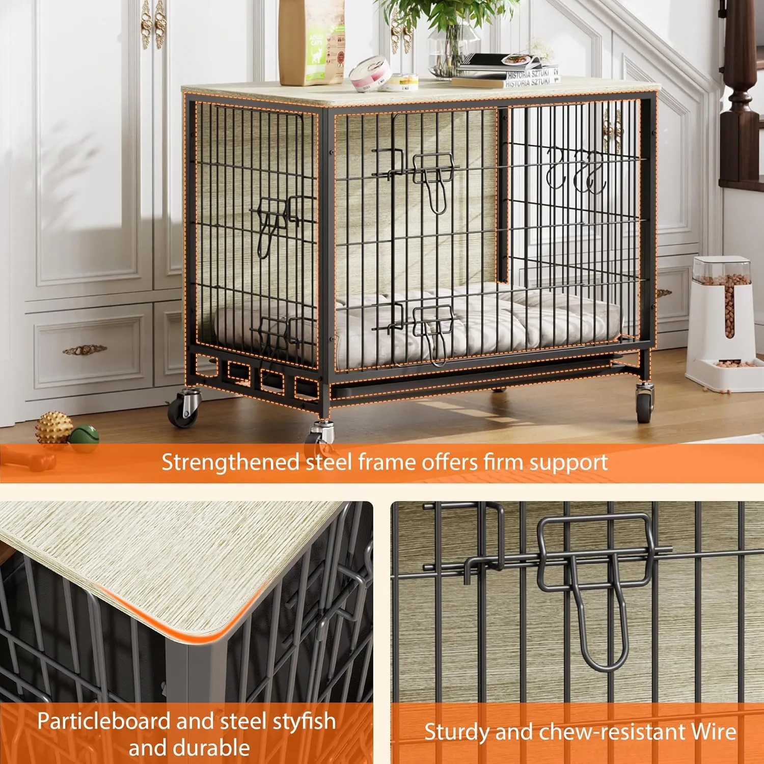 Medium Dog Crate Furniture, 32.5" L x 21.9" W x 25.2" H, Indoor Pet Crate with Double Doors, Removable Tray and 360 Wheels, Wooden Countertop Dog Kennel, Gray Black