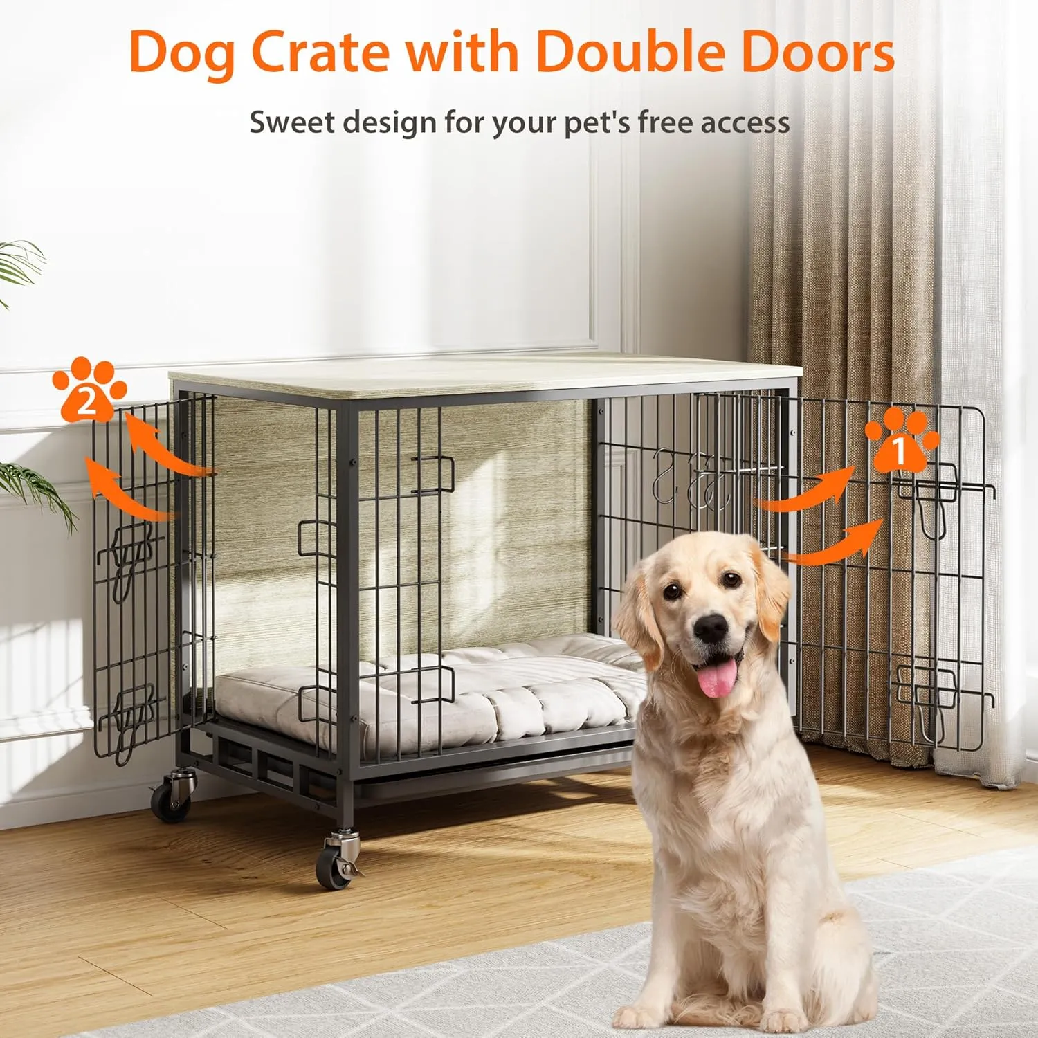 Medium Dog Crate Furniture, 32.5" L x 21.9" W x 25.2" H, Indoor Pet Crate with Double Doors, Removable Tray and 360 Wheels, Wooden Countertop Dog Kennel, Gray Black