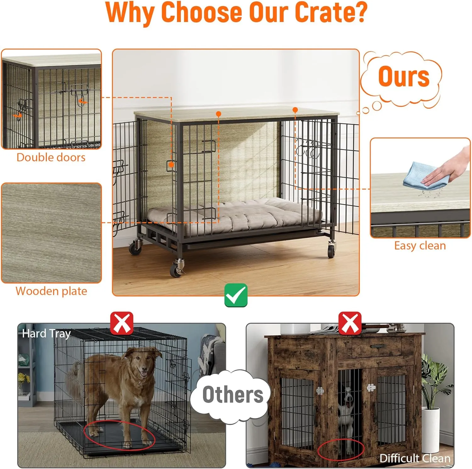 Medium Dog Crate Furniture, 32.5" L x 21.9" W x 25.2" H, Indoor Pet Crate with Double Doors, Removable Tray and 360 Wheels, Wooden Countertop Dog Kennel, Gray Black