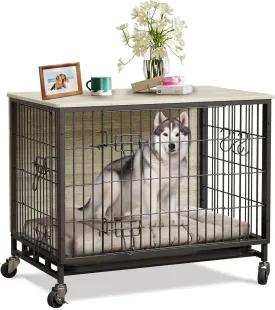 Medium Dog Crate Furniture, 32.5" L x 21.9" W x 25.2" H, Indoor Pet Crate with Double Doors, Removable Tray and 360 Wheels, Wooden Countertop Dog Kennel, Gray Black