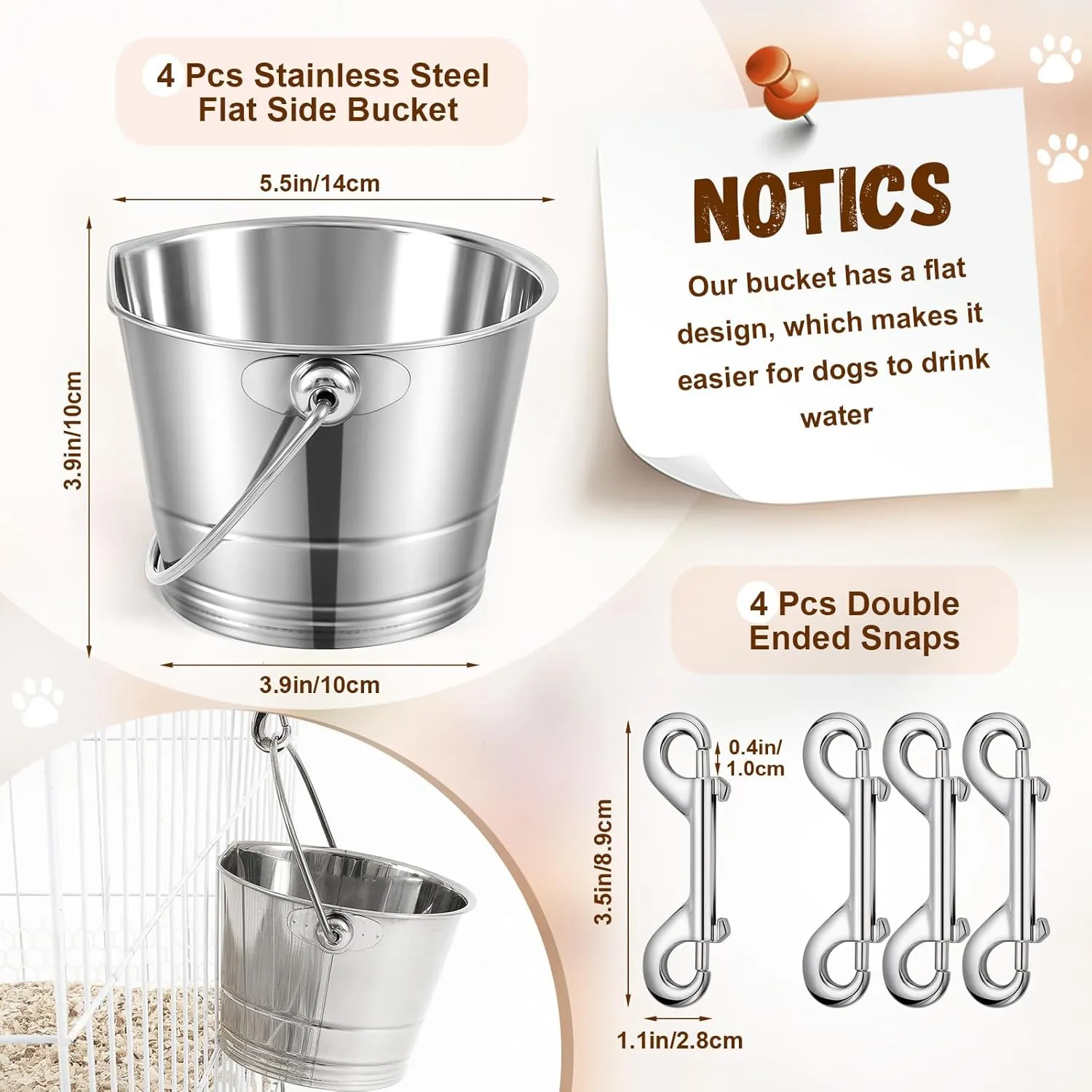 Mumufy 4 Set Stainless Steel Flat Side Bucket 1 Quart Durable Water Pails with Double Ended Snaps Small Metal Bucket Flat Back Water Pails for Dogs Cats Kennels Cages Fences Pet Container