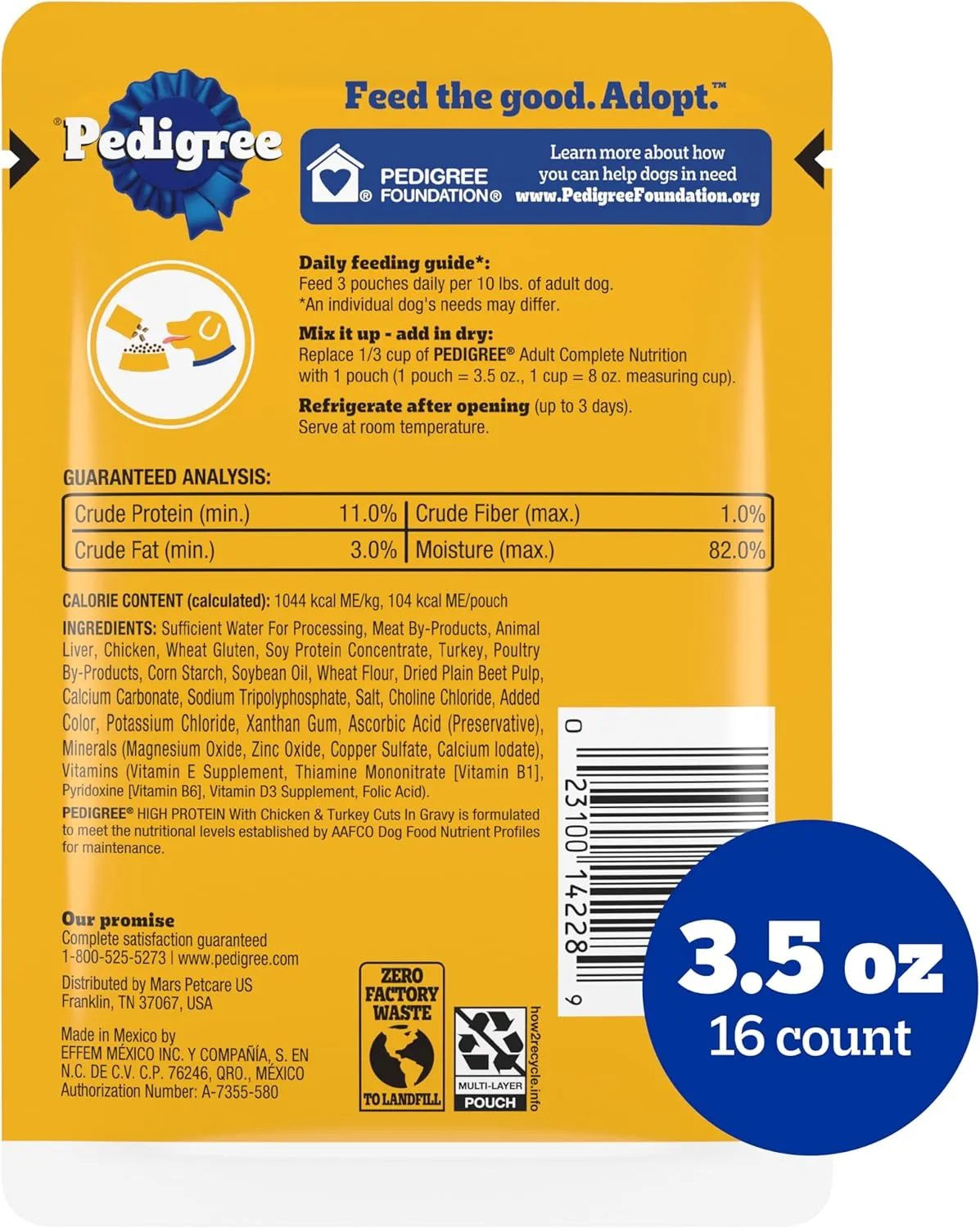 Pedigree High Protein Wet Dog Food Pouches, with Chicken and Turkey Cuts in Gravy, 3.5 oz. Pouches, 16 Count