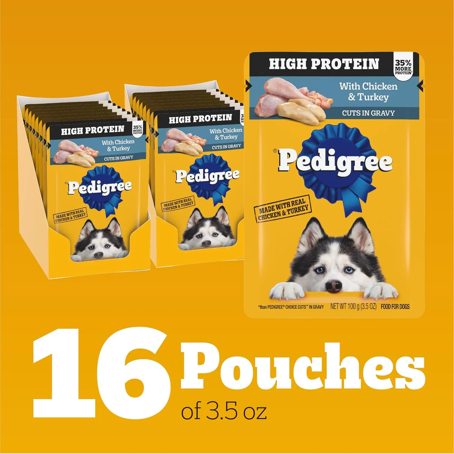 Pedigree High Protein Wet Dog Food Pouches, with Chicken and Turkey Cuts in Gravy, 3.5 oz. Pouches, 16 Count