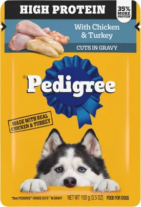 Pedigree High Protein Wet Dog Food Pouches, with Chicken and Turkey Cuts in Gravy, 3.5 oz. Pouches, 16 Count