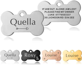 Personalized Pet ID Tags - Custom Engraved Dog & Cat Tags, Stainless Steel (Silver Bone)
