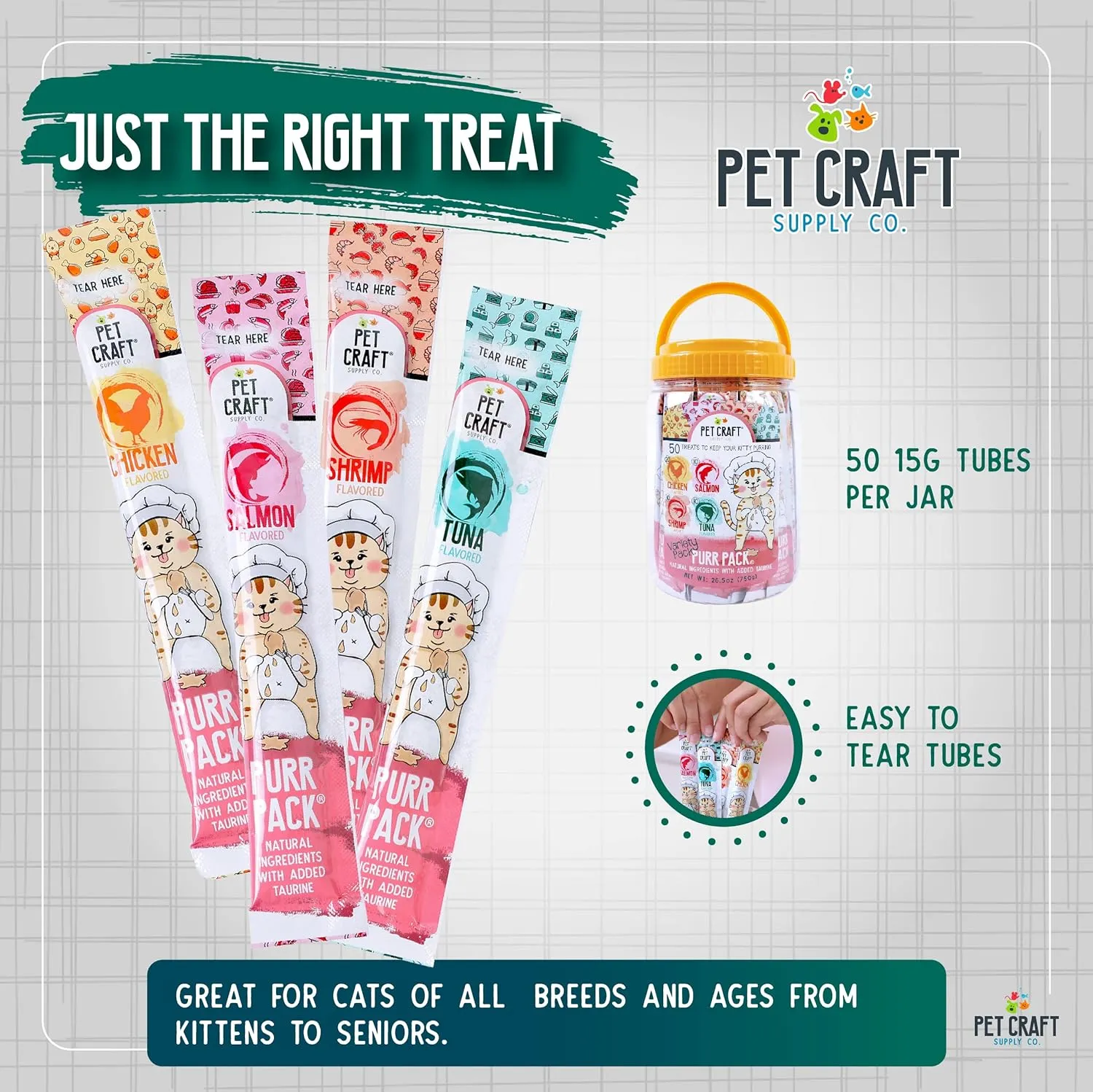 Pet Craft Supply Lickable Cat Treats Variety Pack (Salmon, Shrimp, Tuna, Chicken) 50ct Tub, Squeezable Tubes High Protein Cat Puree Wet Food or Food Topper
