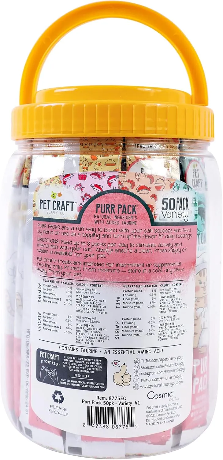 Pet Craft Supply Lickable Cat Treats Variety Pack (Salmon, Shrimp, Tuna, Chicken) 50ct Tub, Squeezable Tubes High Protein Cat Puree Wet Food or Food Topper