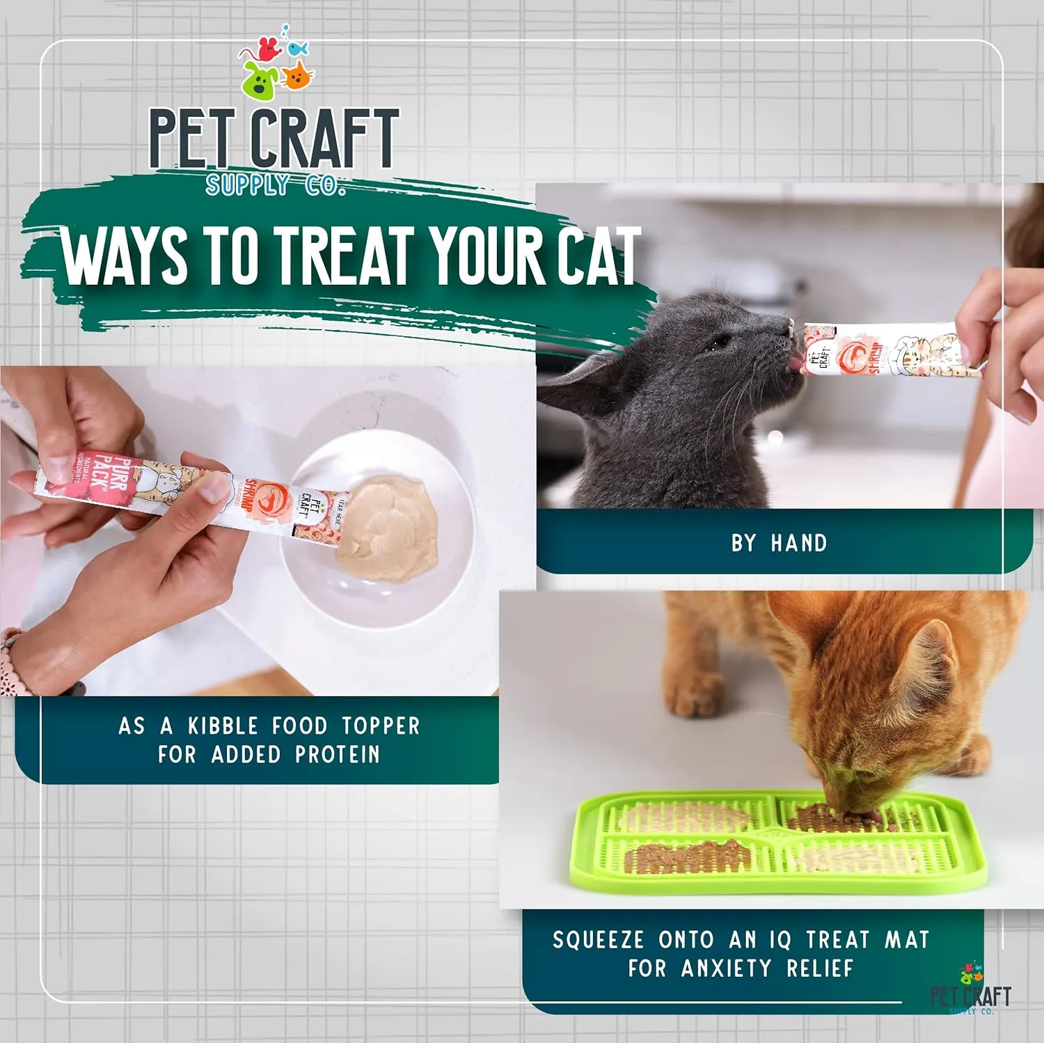 Pet Craft Supply Lickable Cat Treats Variety Pack (Salmon, Shrimp, Tuna, Chicken) 50ct Tub, Squeezable Tubes High Protein Cat Puree Wet Food or Food Topper