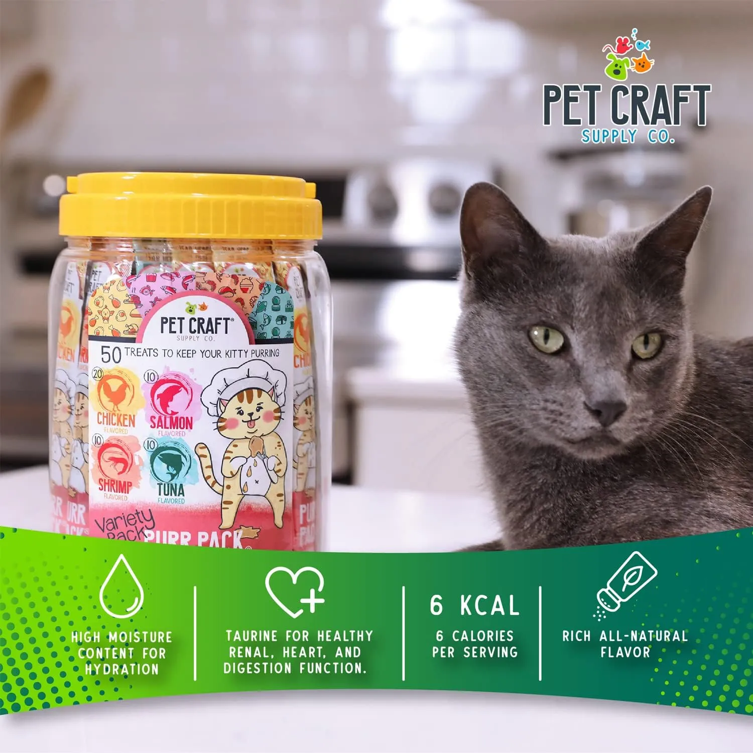 Pet Craft Supply Lickable Cat Treats Variety Pack (Salmon, Shrimp, Tuna, Chicken) 50ct Tub, Squeezable Tubes High Protein Cat Puree Wet Food or Food Topper