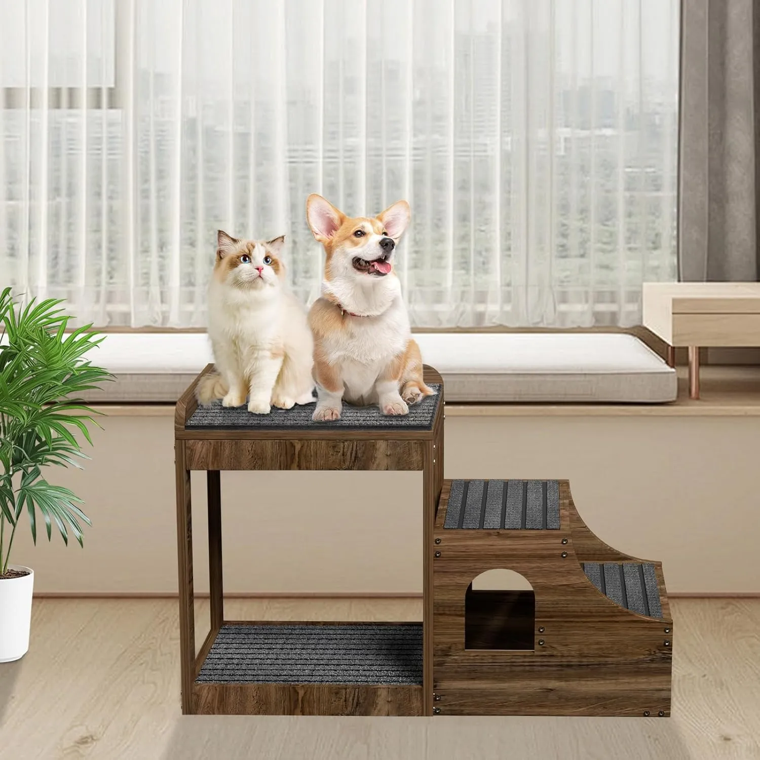 Pet Window Perch with Stairs, Multi-Level Bunk Bed for Dogs and Cats, Elevated Pet Bed Couch, Wood Dog Stairs with Non-Slip Platform, Indoor Use for Large/Medium/Small Size Pets, Brown