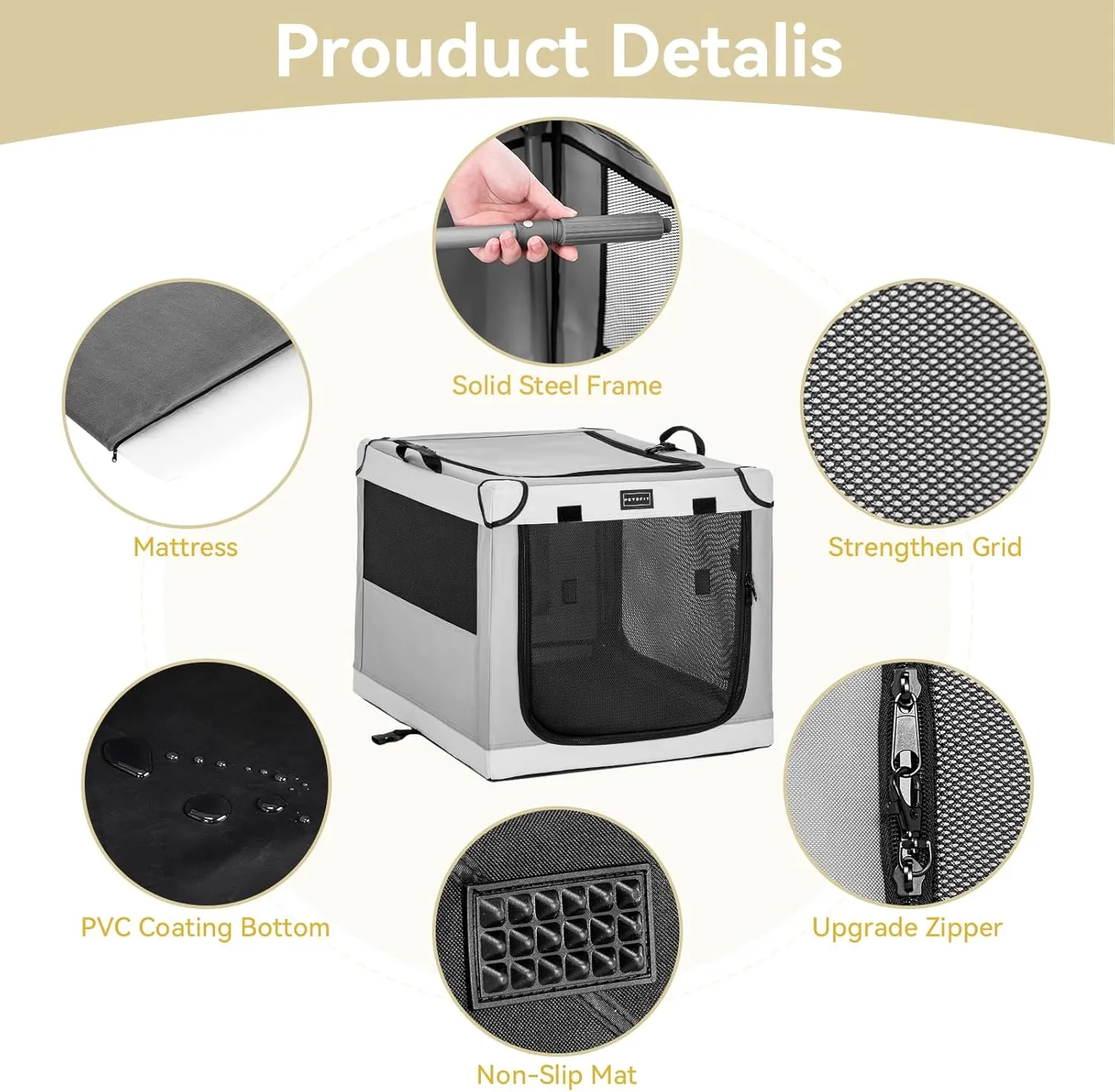PETSFIT Collapsible Dog Crate, Soft Dog Crate - 40 Inch Easy Set-up, Light, Sturdy, Comfy Inside with Thicken Mat, Portable Kennel for Home and Travel Light Grey