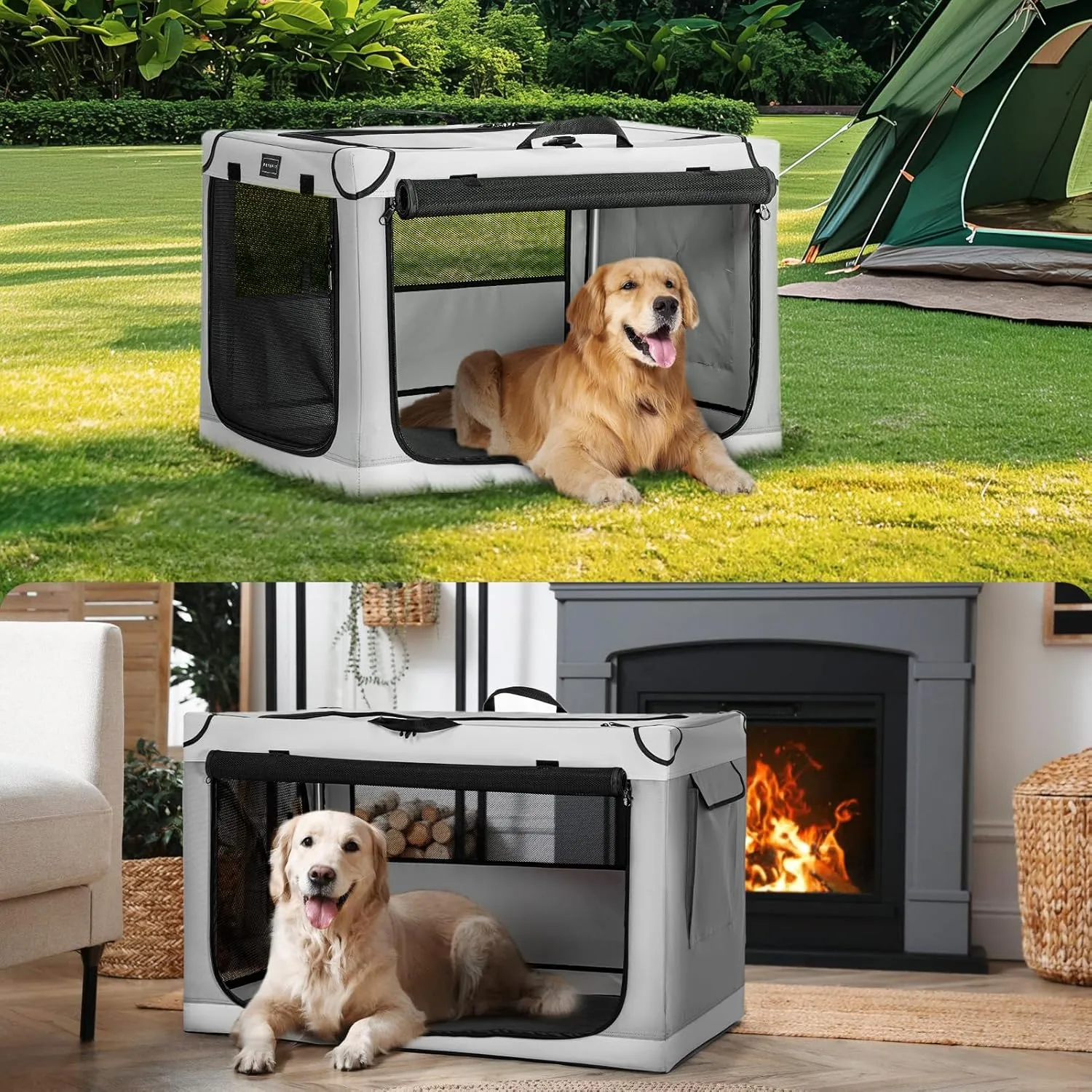 PETSFIT Collapsible Dog Crate, Soft Dog Crate - 40 Inch Easy Set-up, Light, Sturdy, Comfy Inside with Thicken Mat, Portable Kennel for Home and Travel Light Grey