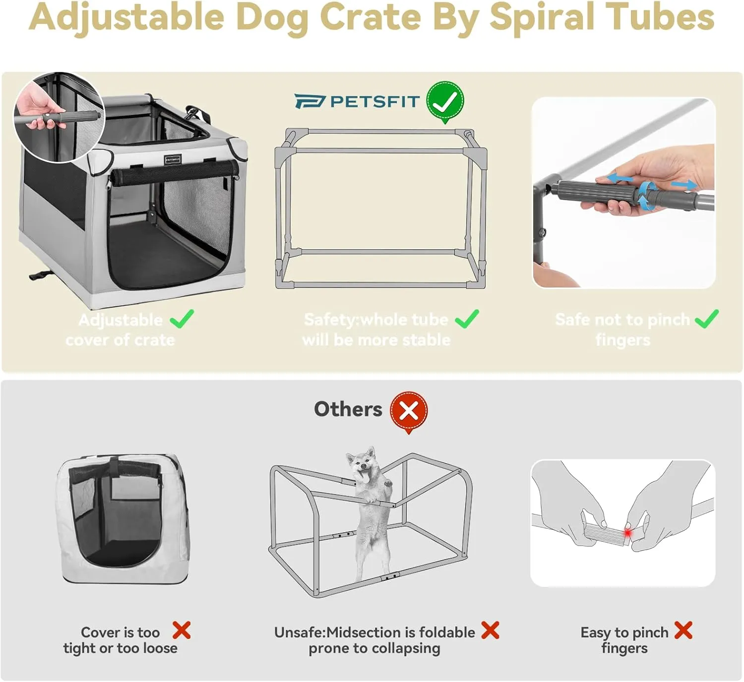 PETSFIT Collapsible Dog Crate, Soft Dog Crate - 40 Inch Easy Set-up, Light, Sturdy, Comfy Inside with Thicken Mat, Portable Kennel for Home and Travel Light Grey