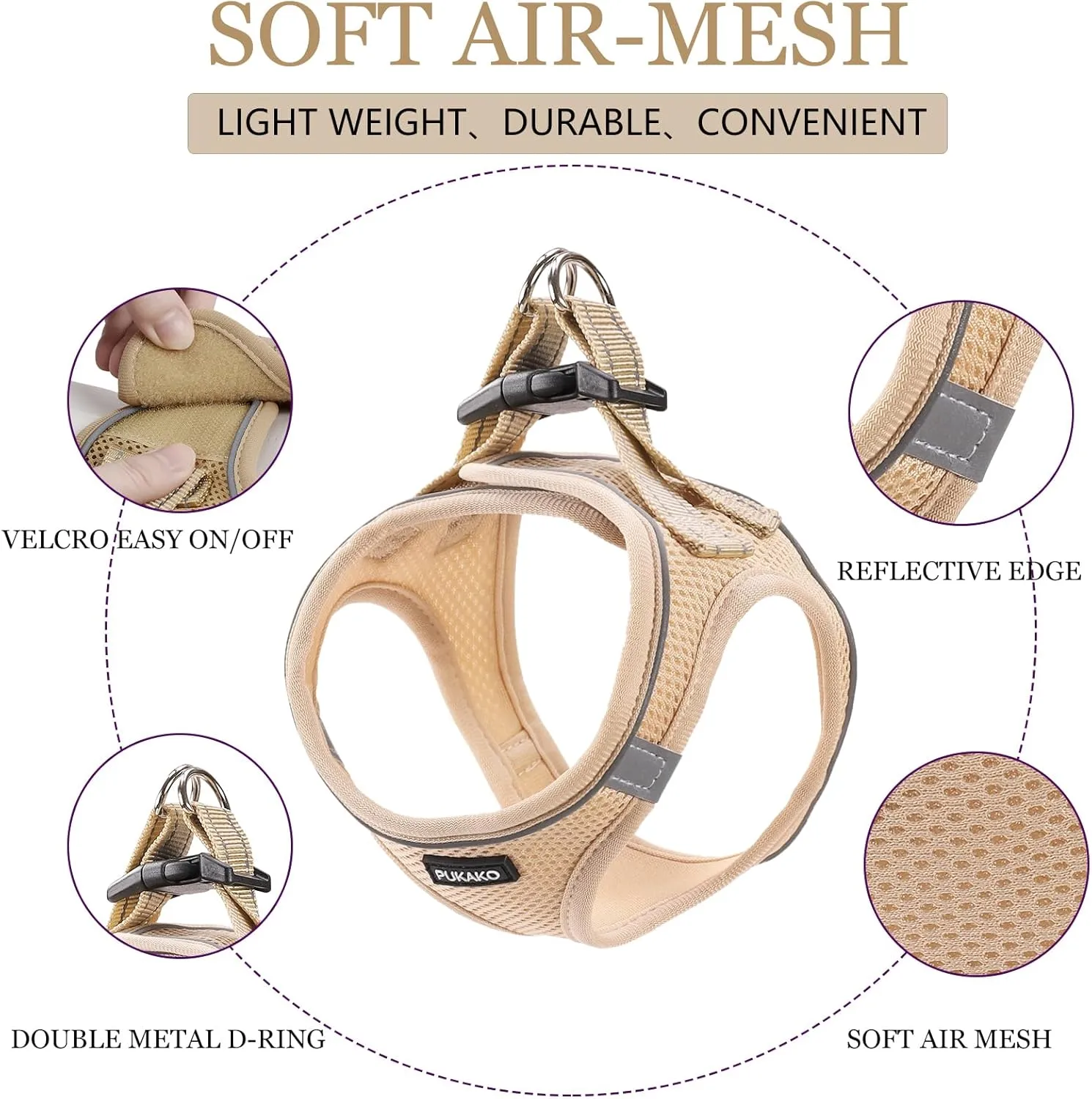 Puppy Harness and Leash Set, Small Dog Harness and Leash Set, Step in Small Size Harness with Soft Mesh and Reflective Bands for Extra-Small/Small Dogs, Khaki M