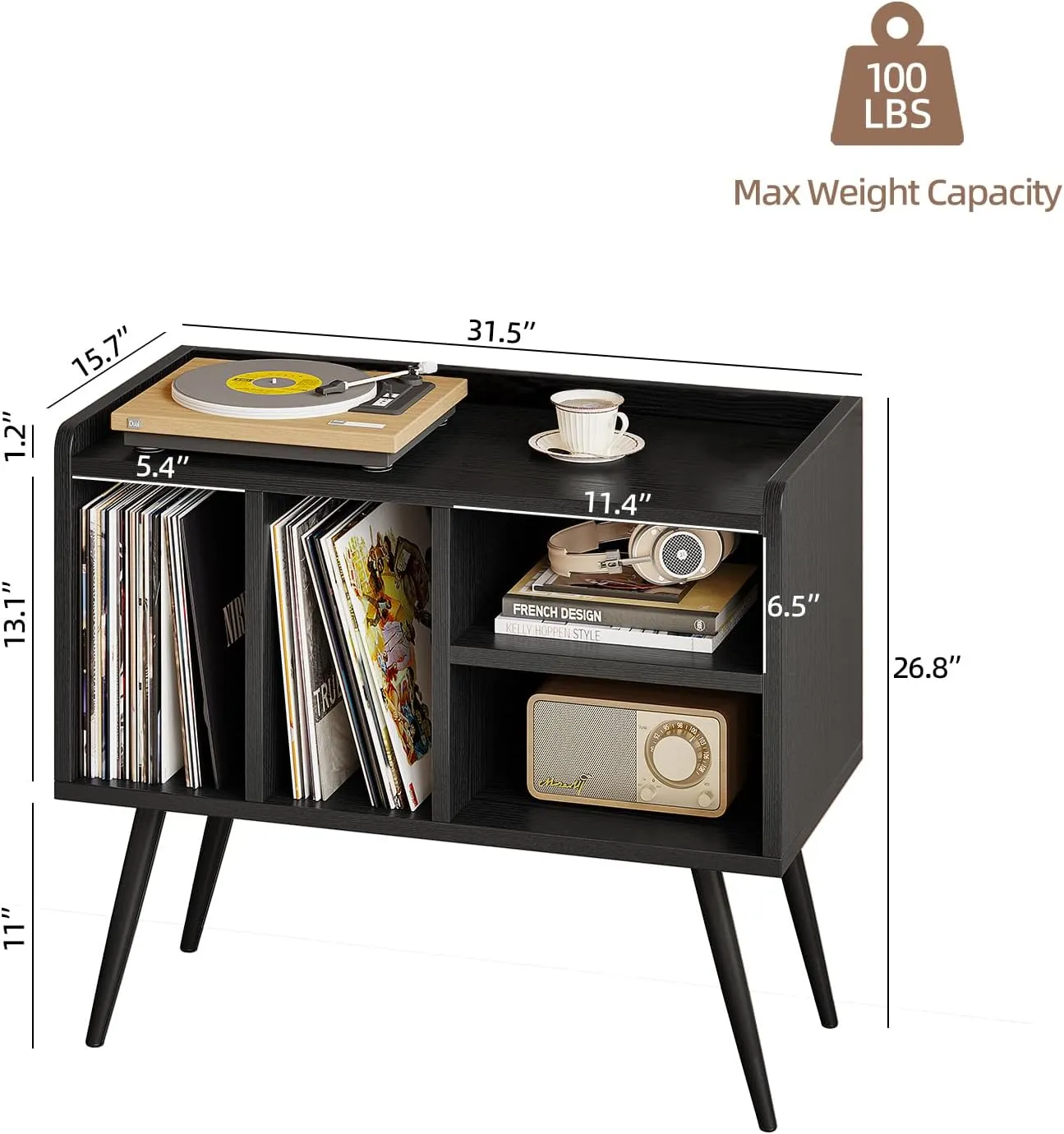 Record Player Stand with Vinyl Storage,Turntable Stand with Solid Wood Legs,Record Player Table Holds Up to 200 Albums,Vinyl Holder Storage Shelf for Bedroom Living Room,Black
