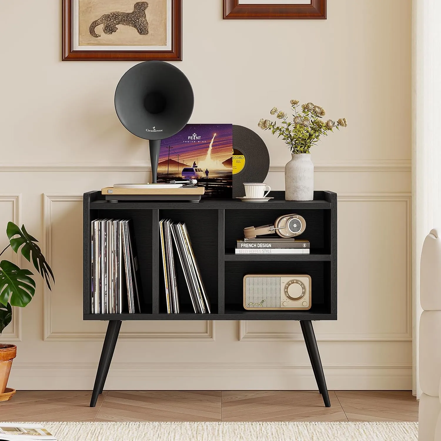 Record Player Stand with Vinyl Storage,Turntable Stand with Solid Wood Legs,Record Player Table Holds Up to 200 Albums,Vinyl Holder Storage Shelf for Bedroom Living Room,Black