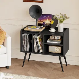 Record Player Stand with Vinyl Storage,Turntable Stand with Solid Wood Legs,Record Player Table Holds Up to 200 Albums,Vinyl Holder Storage Shelf for Bedroom Living Room,Black