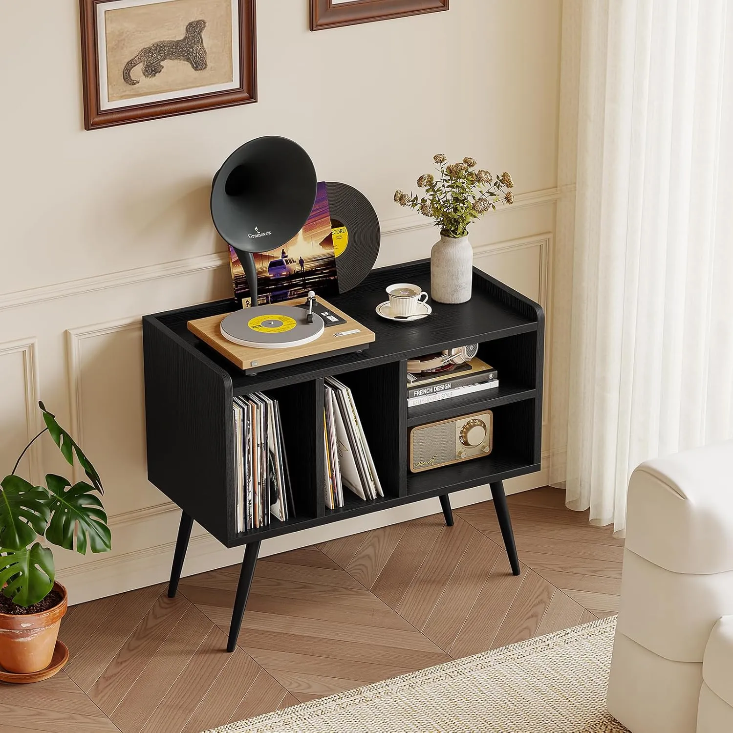 Record Player Stand with Vinyl Storage,Turntable Stand with Solid Wood Legs,Record Player Table Holds Up to 200 Albums,Vinyl Holder Storage Shelf for Bedroom Living Room,Black