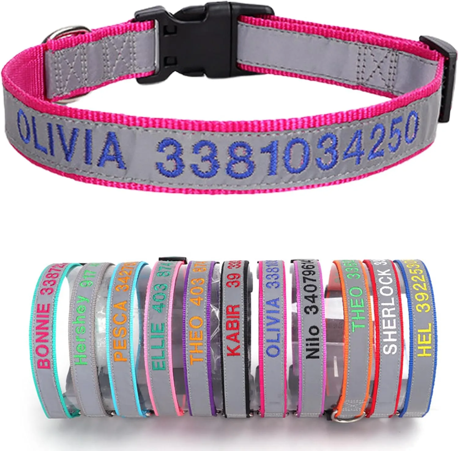 Reflective Personalized Dog Collar Custom Embroidered with Pet Name and Phone Number 4 Adjustable Sizes with Quick Release Buckle for Boy Girl Small Medium Large Dogs