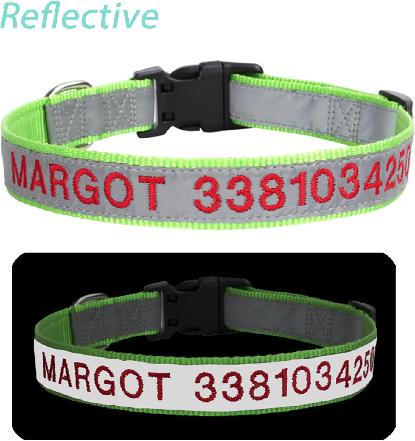 Reflective Personalized Dog Collar Custom Embroidered with Pet Name and Phone Number 4 Adjustable Sizes with Quick Release Buckle for Boy Girl Small Medium Large Dogs