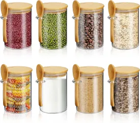 RETON 8 Pack Glass Jars with Bamboo Lids and Spoons, 17 oz Food Storage Containers with Wood Lid Spoon, Airtight Overnight Oats Canister for Meal Prep Spice Chia Loose Tea Yogurt