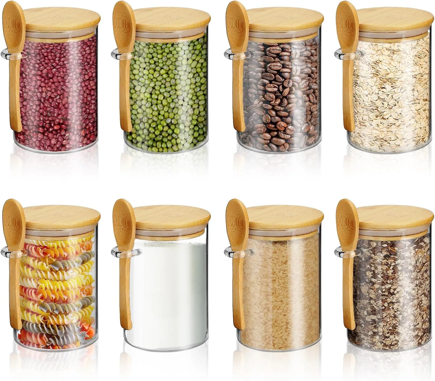 RETON 8 Pack Glass Jars with Bamboo Lids and Spoons, 17 oz Food Storage Containers with Wood Lid Spoon, Airtight Overnight Oats Canister for Meal Prep Spice Chia Loose Tea Yogurt