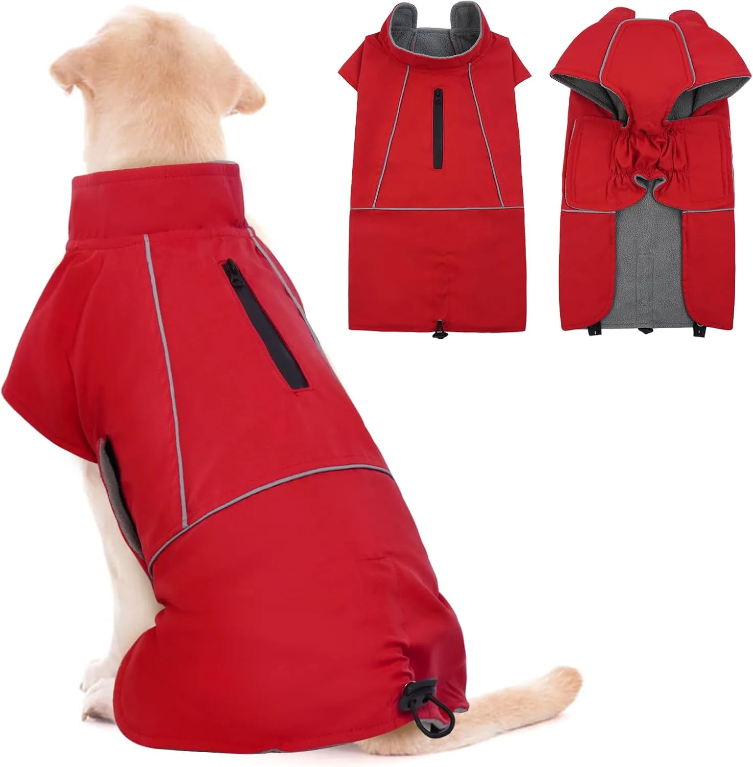 ROZKITCH Dog Raincoat Jacket Waterproof Windproof Dog Rain Jacket with Fleece Liner and Leash Hole Reflective Strip for Medium Large Dog, Adjustable Poncho Vest for Outdoor Hiking Travel Red M