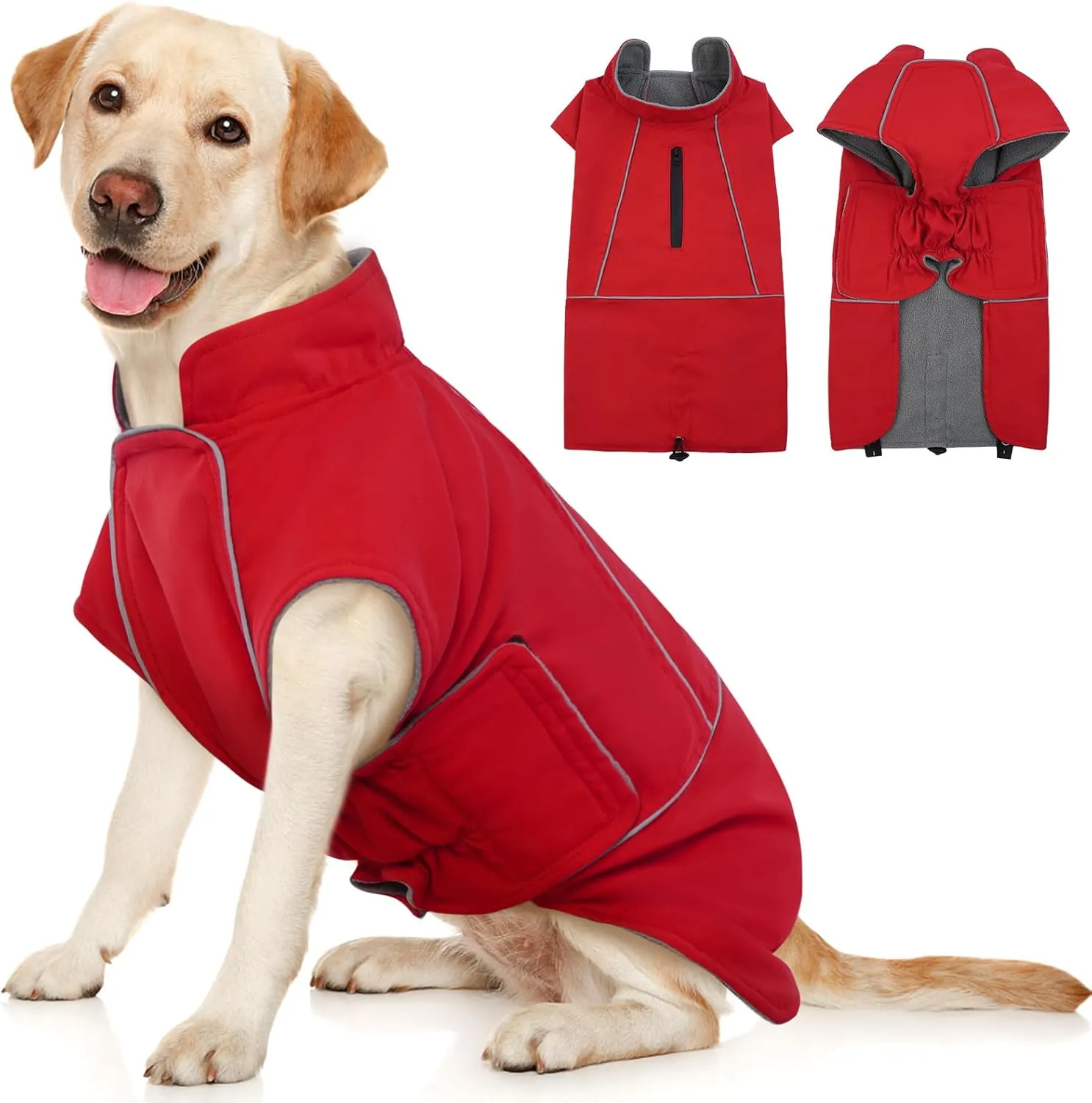 ROZKITCH Dog Raincoat Jacket Waterproof Windproof Dog Rain Jacket with Fleece Liner and Leash Hole Reflective Strip for Medium Large Dog, Adjustable Poncho Vest for Outdoor Hiking Travel Red M