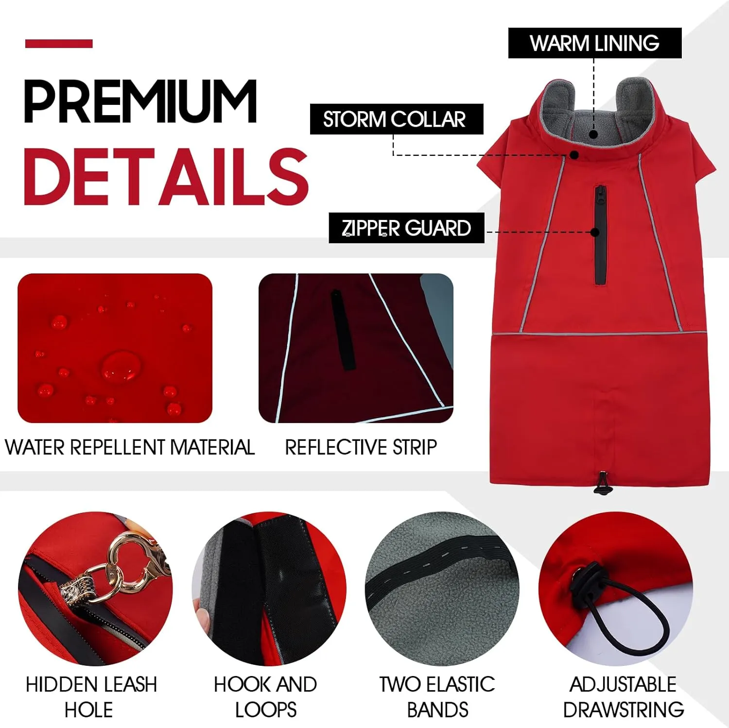 ROZKITCH Dog Raincoat Jacket Waterproof Windproof Dog Rain Jacket with Fleece Liner and Leash Hole Reflective Strip for Medium Large Dog, Adjustable Poncho Vest for Outdoor Hiking Travel Red M