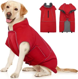 ROZKITCH Dog Raincoat Jacket Waterproof Windproof Dog Rain Jacket with Fleece Liner and Leash Hole Reflective Strip for Medium Large Dog, Adjustable Poncho Vest for Outdoor Hiking Travel Red M