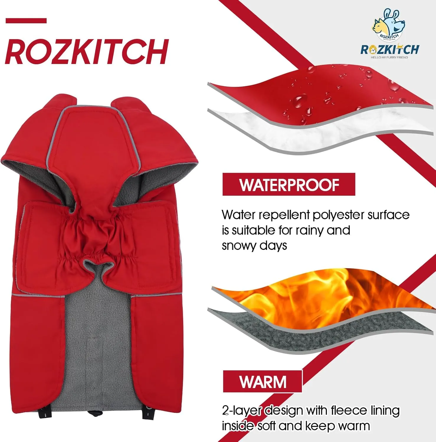 ROZKITCH Dog Raincoat Jacket Waterproof Windproof Dog Rain Jacket with Fleece Liner and Leash Hole Reflective Strip for Medium Large Dog, Adjustable Poncho Vest for Outdoor Hiking Travel Red M