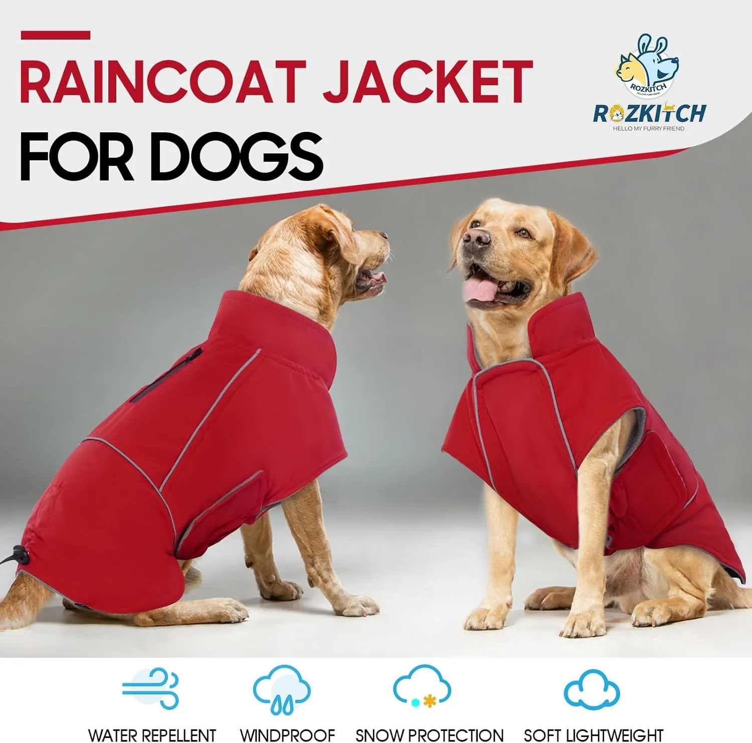 ROZKITCH Dog Raincoat Jacket Waterproof Windproof Dog Rain Jacket with Fleece Liner and Leash Hole Reflective Strip for Medium Large Dog, Adjustable Poncho Vest for Outdoor Hiking Travel Red M