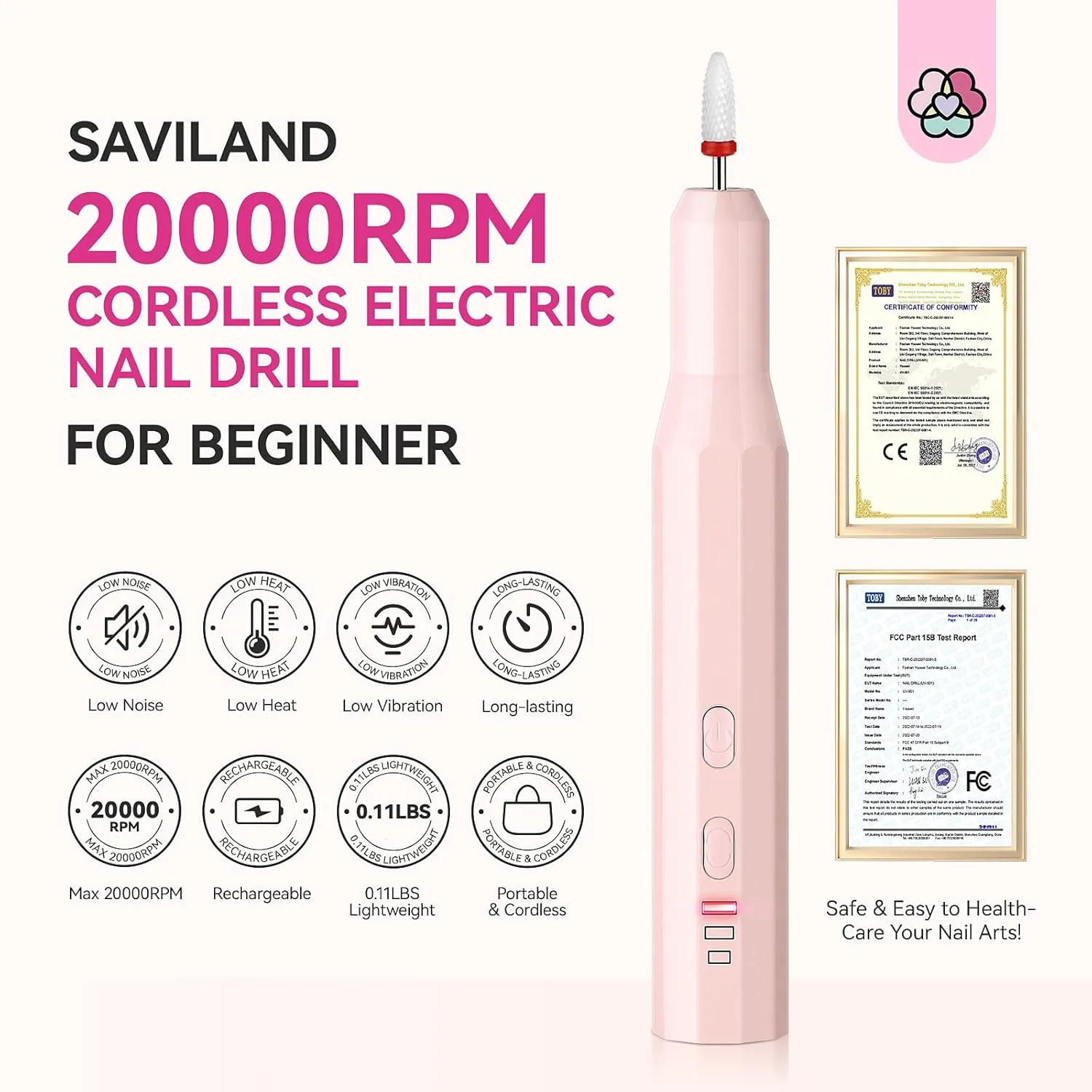 SAVILAND Cordless Nail Drill Kit: Ultra Low Noise 20000RPM Rechargeable Electric Nail File Portable Low Heat Nail Drill Machine with Complete Bits for Beginner Manicure Pedicure Home