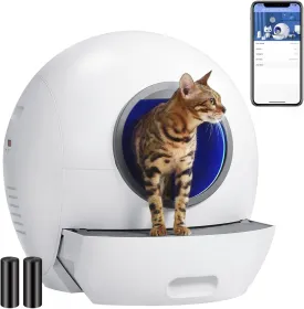 Self-Cleaning Litter Box, Bonjela Automatic Cat Litter Box Extra Large for Multiple Cats, Odor Removal Anti Pinch Kitty White