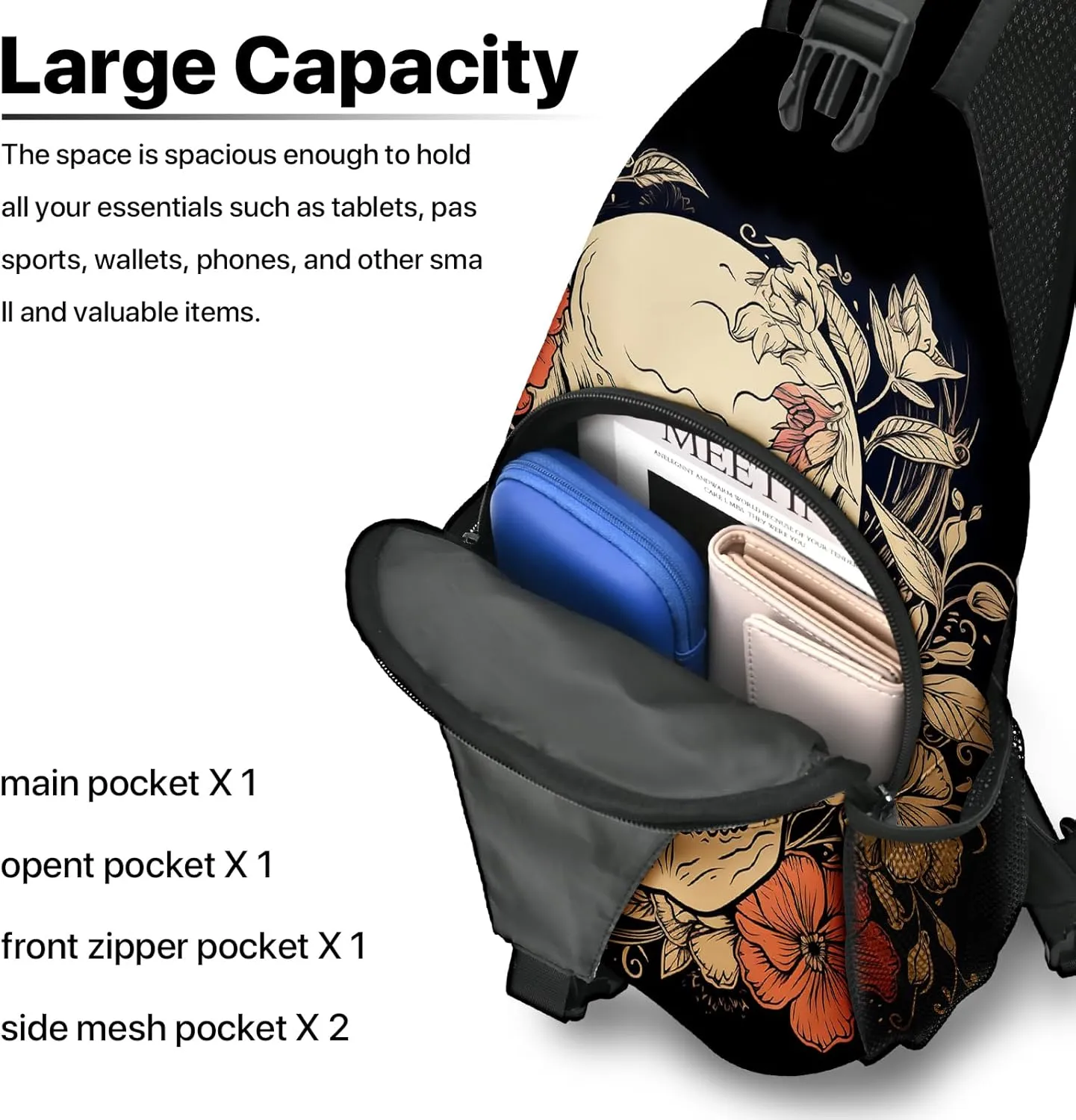 Skull Sling Bag travel Crossbody Backpack Casual Daypack for Women with Strap Lightweight Outdoor Hiking Climbing Runners
