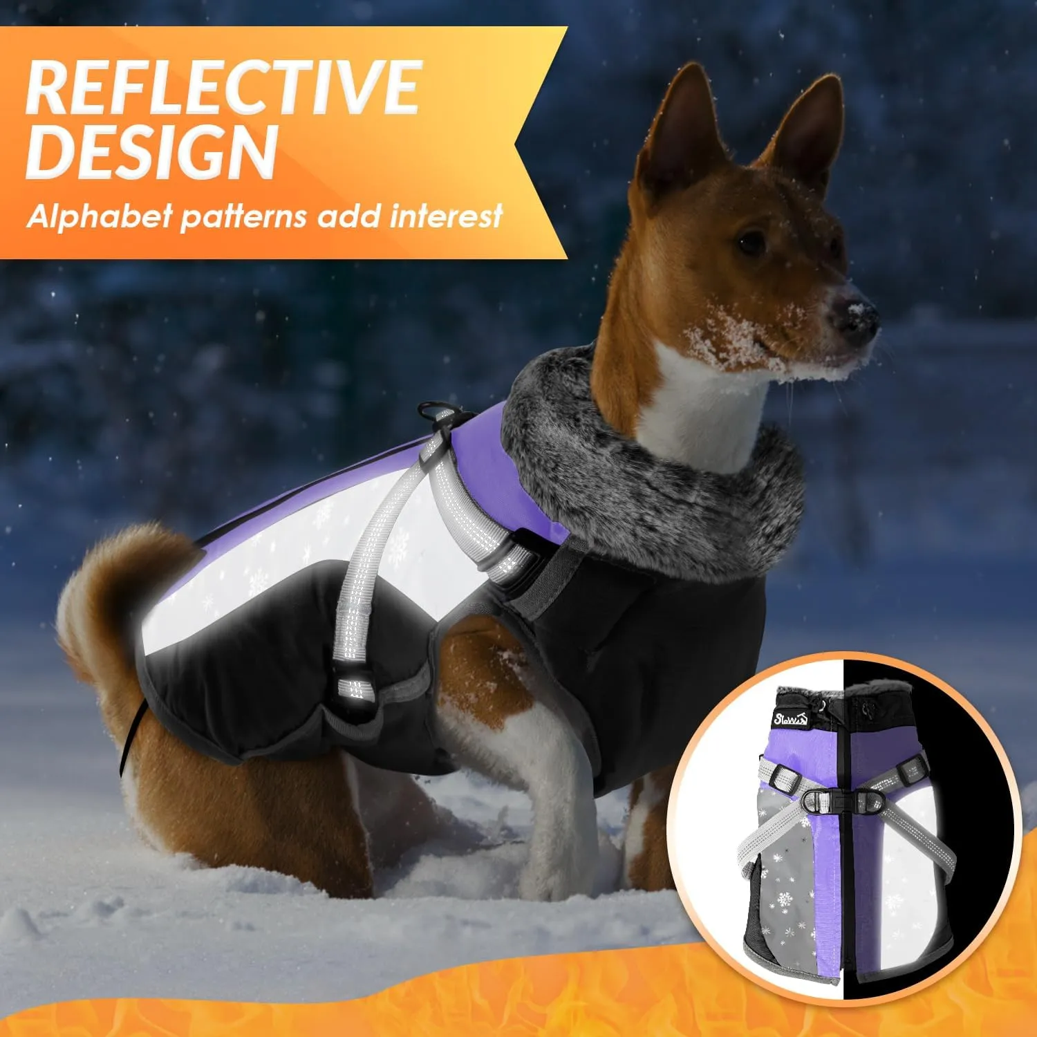SlowTon Dog Jacket with Harness Built in, Waterproof Fleece Winter Warm Dog Coats for Small Medium Dogs, Reflective Adjustable Furry Puppy Vest Clothes for Outdoor Walking (Purple, Large)
