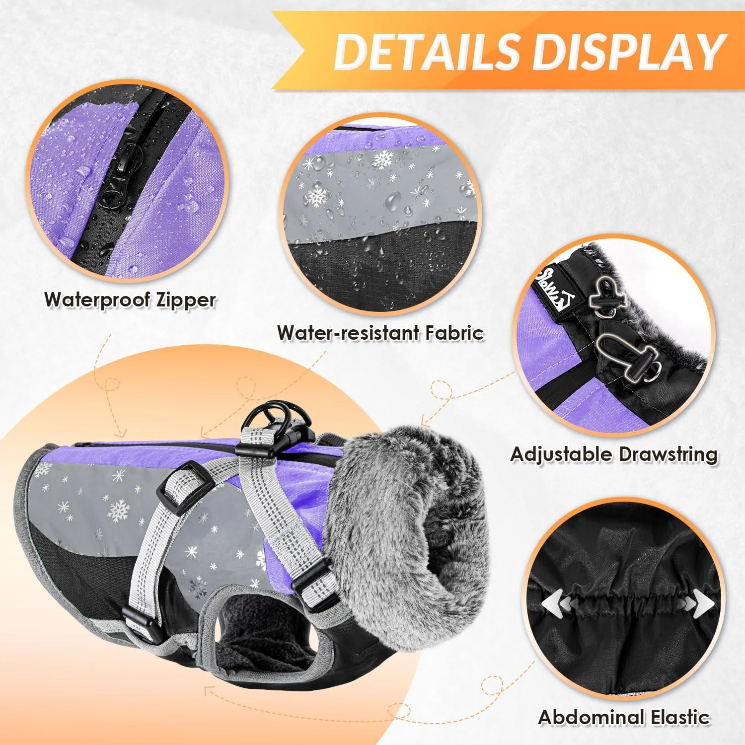 SlowTon Dog Jacket with Harness Built in, Waterproof Fleece Winter Warm Dog Coats for Small Medium Dogs, Reflective Adjustable Furry Puppy Vest Clothes for Outdoor Walking (Purple, Large)