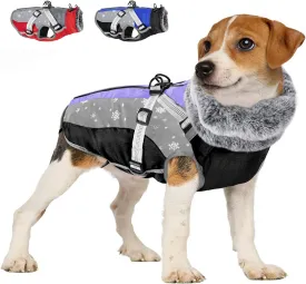 SlowTon Dog Jacket with Harness Built in, Waterproof Fleece Winter Warm Dog Coats for Small Medium Dogs, Reflective Adjustable Furry Puppy Vest Clothes for Outdoor Walking (Purple, Large)
