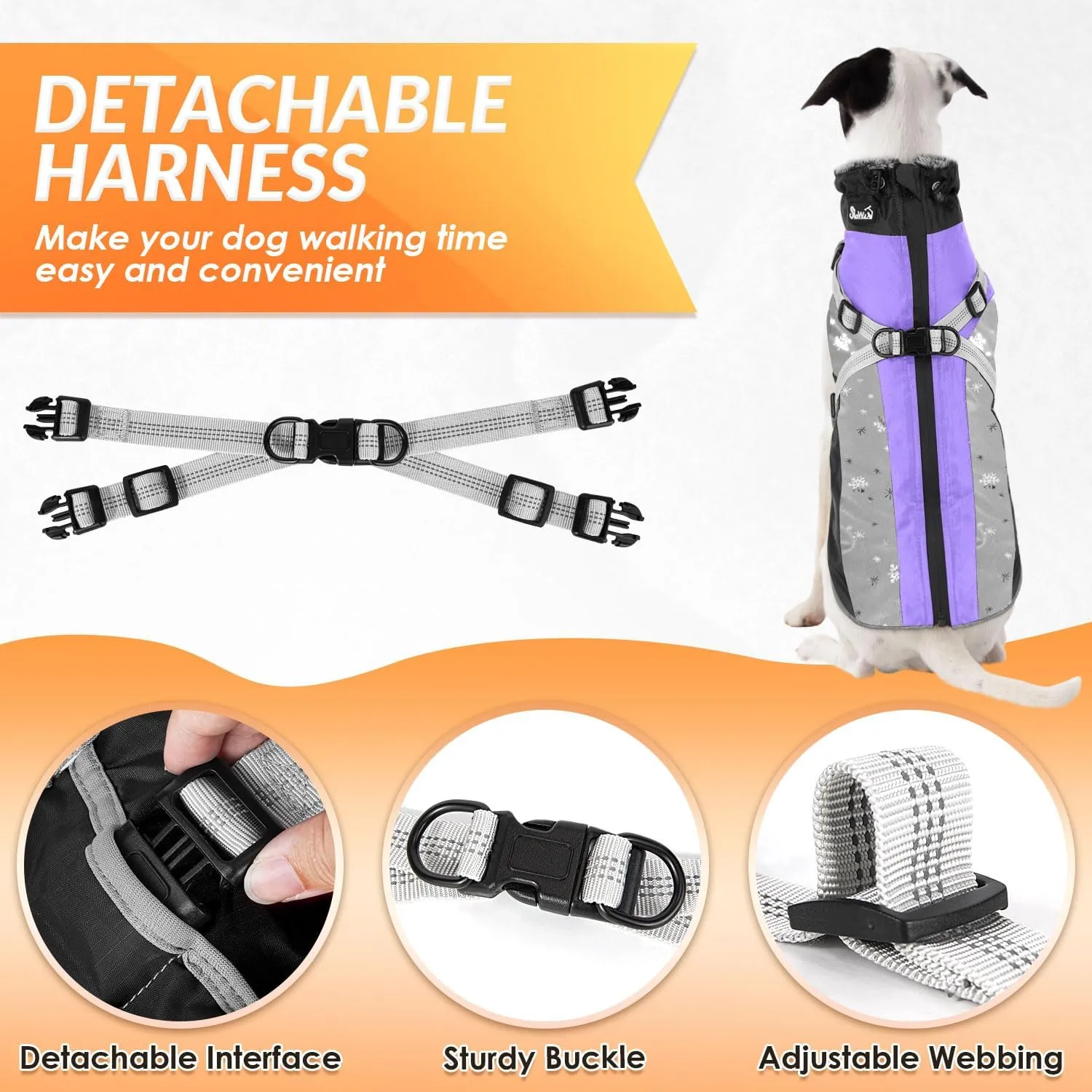 SlowTon Dog Jacket with Harness Built in, Waterproof Fleece Winter Warm Dog Coats for Small Medium Dogs, Reflective Adjustable Furry Puppy Vest Clothes for Outdoor Walking (Purple, Large)