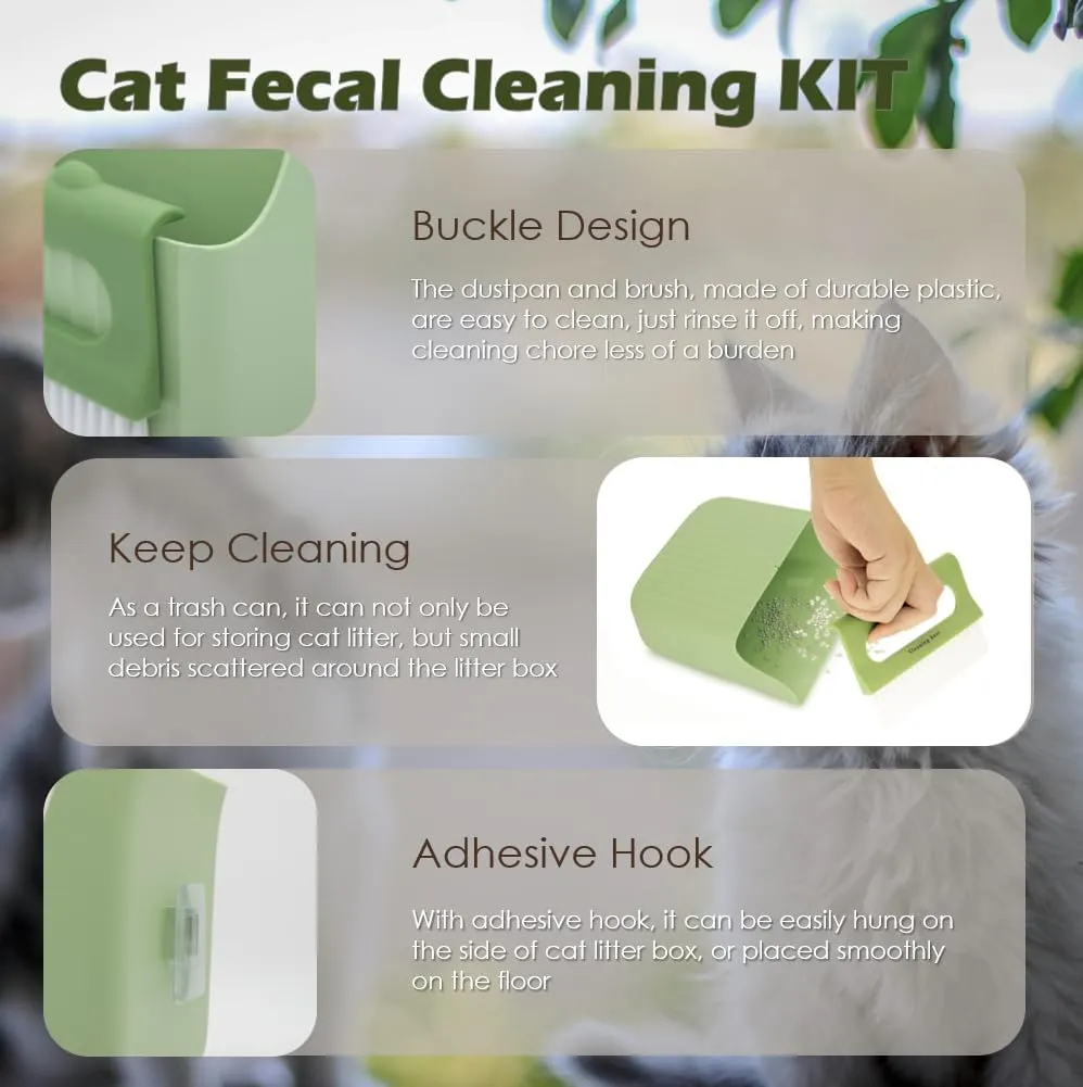 Stainless Steel Cat Litter Scoop with Holder, Cat Litter Scoop Kit, Kitten Poop Lifter- Portable Dustpan- Cleaning Brush, Dual-Width Hole for Quick Cleaning