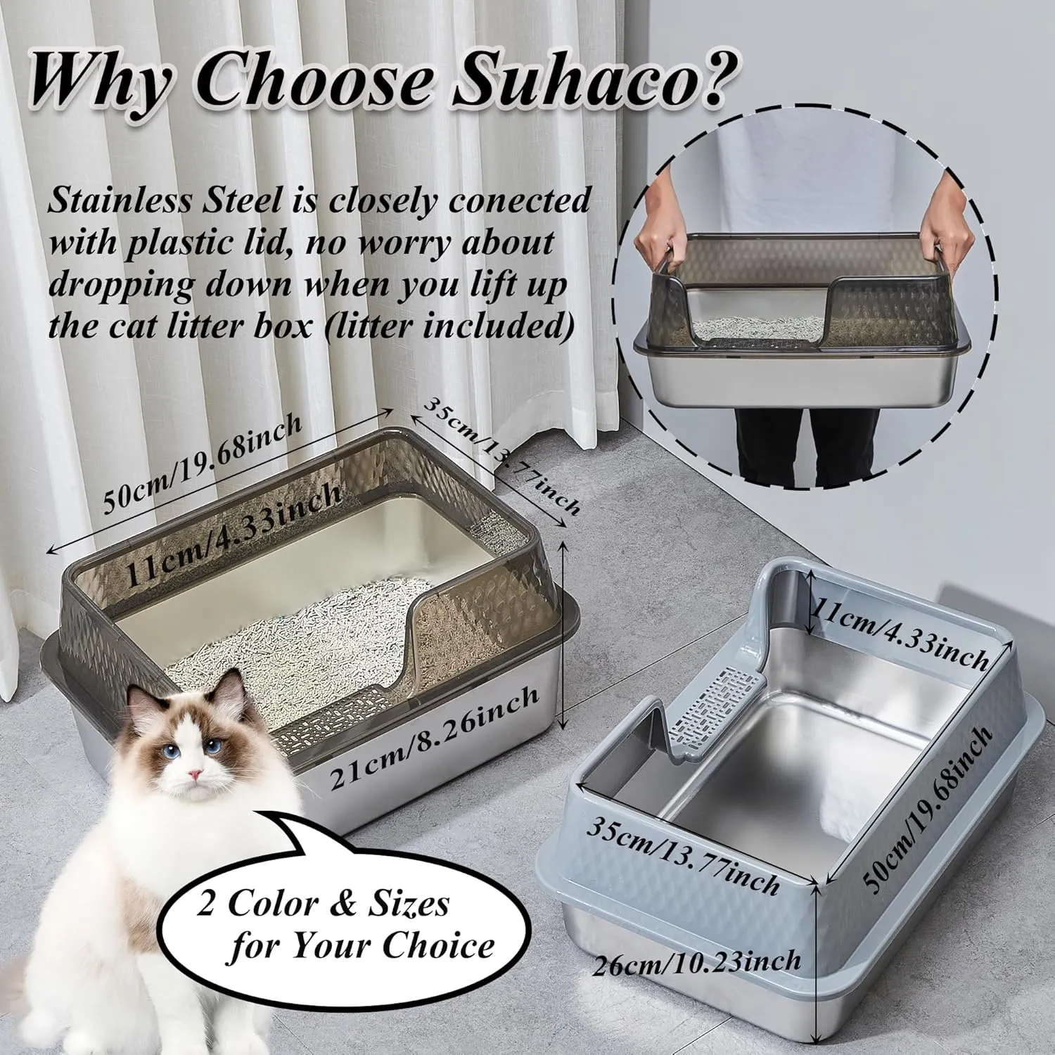 Suhaco Stainless Steel Litter Box with Lid Kitty Black Litter Mat and White Scoop Included Covered Metal High Sided Removable Extra Large Cat Litter Box Enclosure for Medium Cats (Tall Gray)