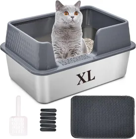 Suhaco Stainless Steel Litter Box with Lid Kitty Black Litter Mat and White Scoop Included Covered Metal High Sided Removable Extra Large Cat Litter Box Enclosure for Medium Cats (Tall Gray)