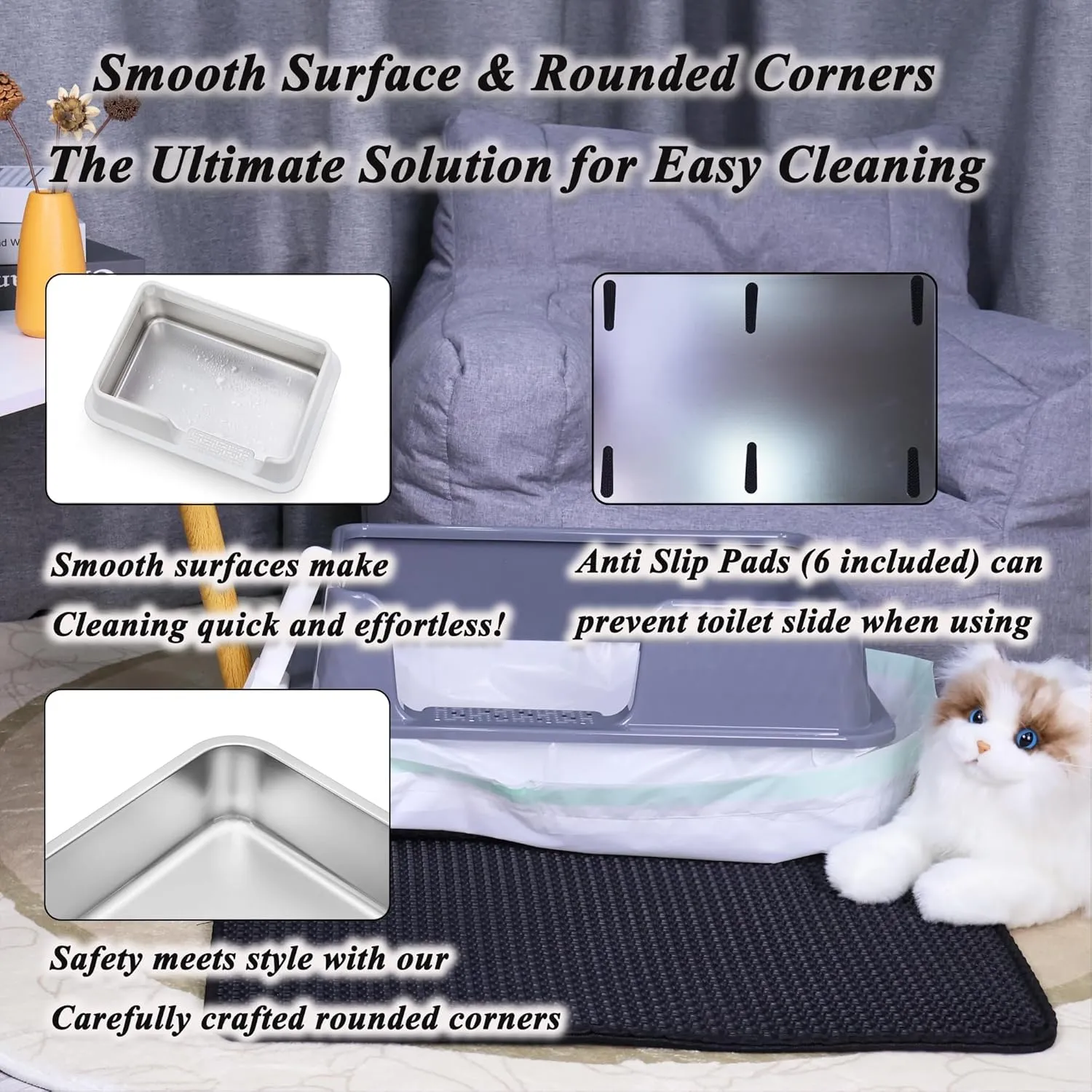 Suhaco Stainless Steel Litter Box with Lid Kitty Black Litter Mat and White Scoop Included Covered Metal High Sided Removable Extra Large Cat Litter Box Enclosure for Medium Cats (Tall Gray)