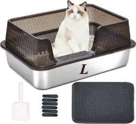 Suhaco Stainless Steel Litter Box with Lid Kitty Black Litter Mat and White Scoop Included Covered Metal High Sided Removable Large Cat Litter Box Enclosure for Medium Cats (Black)