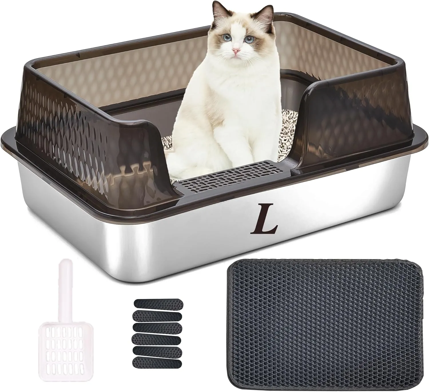 Suhaco Stainless Steel Litter Box with Lid Kitty Black Litter Mat and White Scoop Included Covered Metal High Sided Removable Large Cat Litter Box Enclosure for Medium Cats (Black)