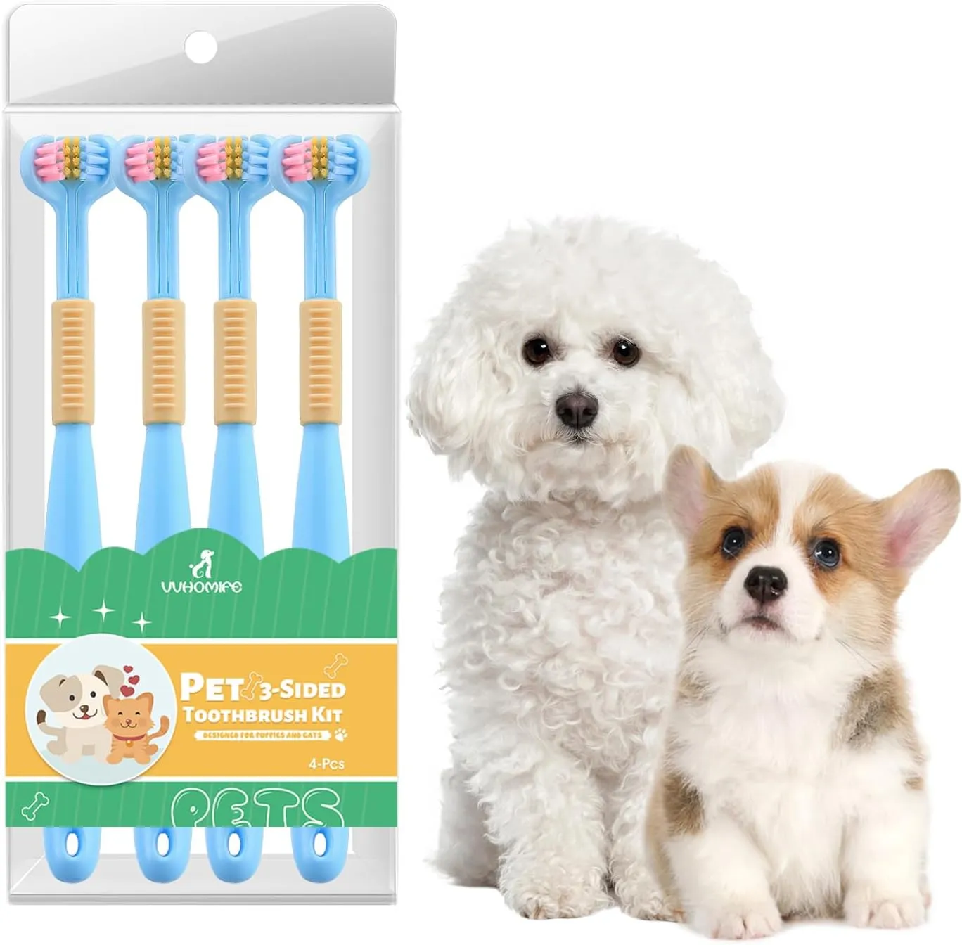 Three-Sided Dog Toothbrush, Great Toothbrush for Small Dogs & Puppies, Dog Tooth Brushing Kit for Cleaning Your Dog's Teeth, for Daily Care of Your Dog's Mouth. Blue, 4 Pcs S