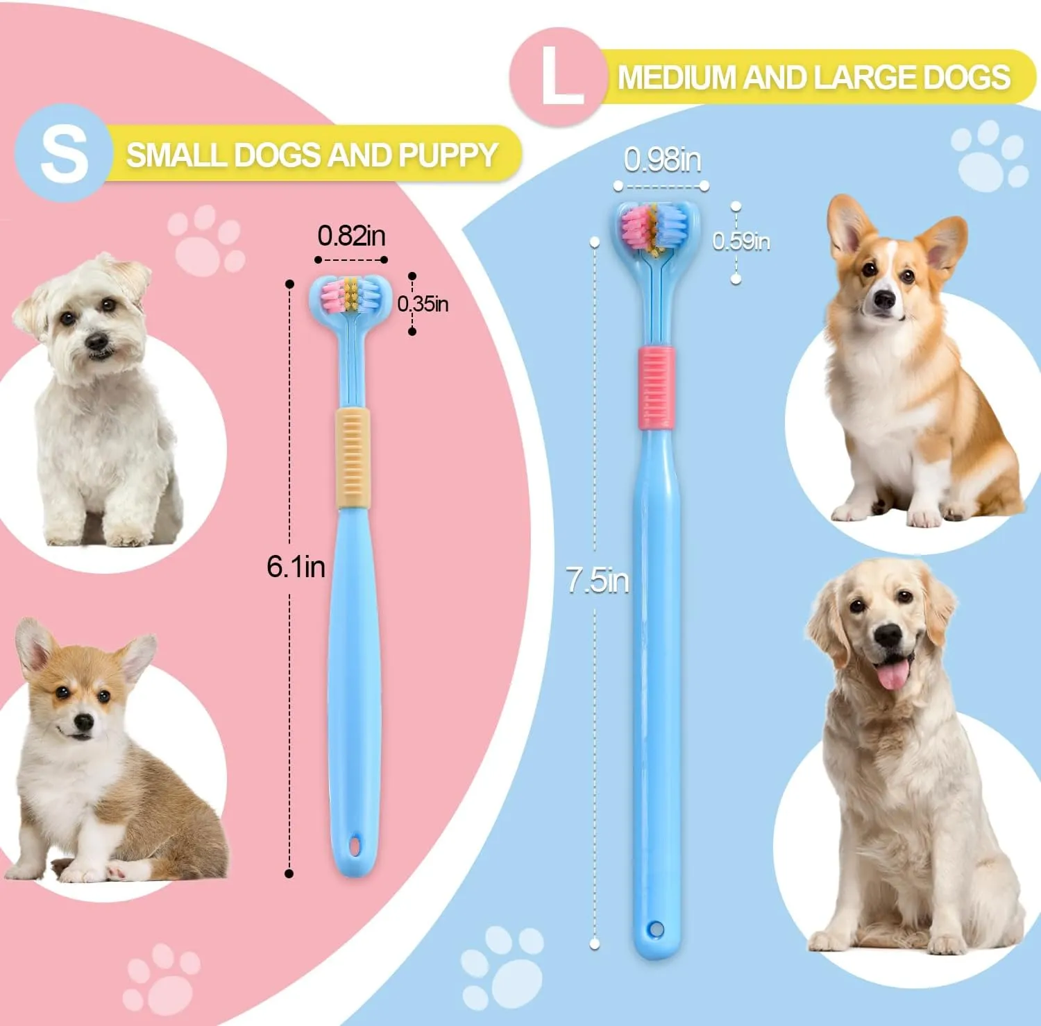 Three-Sided Dog Toothbrush, Great Toothbrush for Small Dogs & Puppies, Dog Tooth Brushing Kit for Cleaning Your Dog's Teeth, for Daily Care of Your Dog's Mouth. Blue, 4 Pcs S
