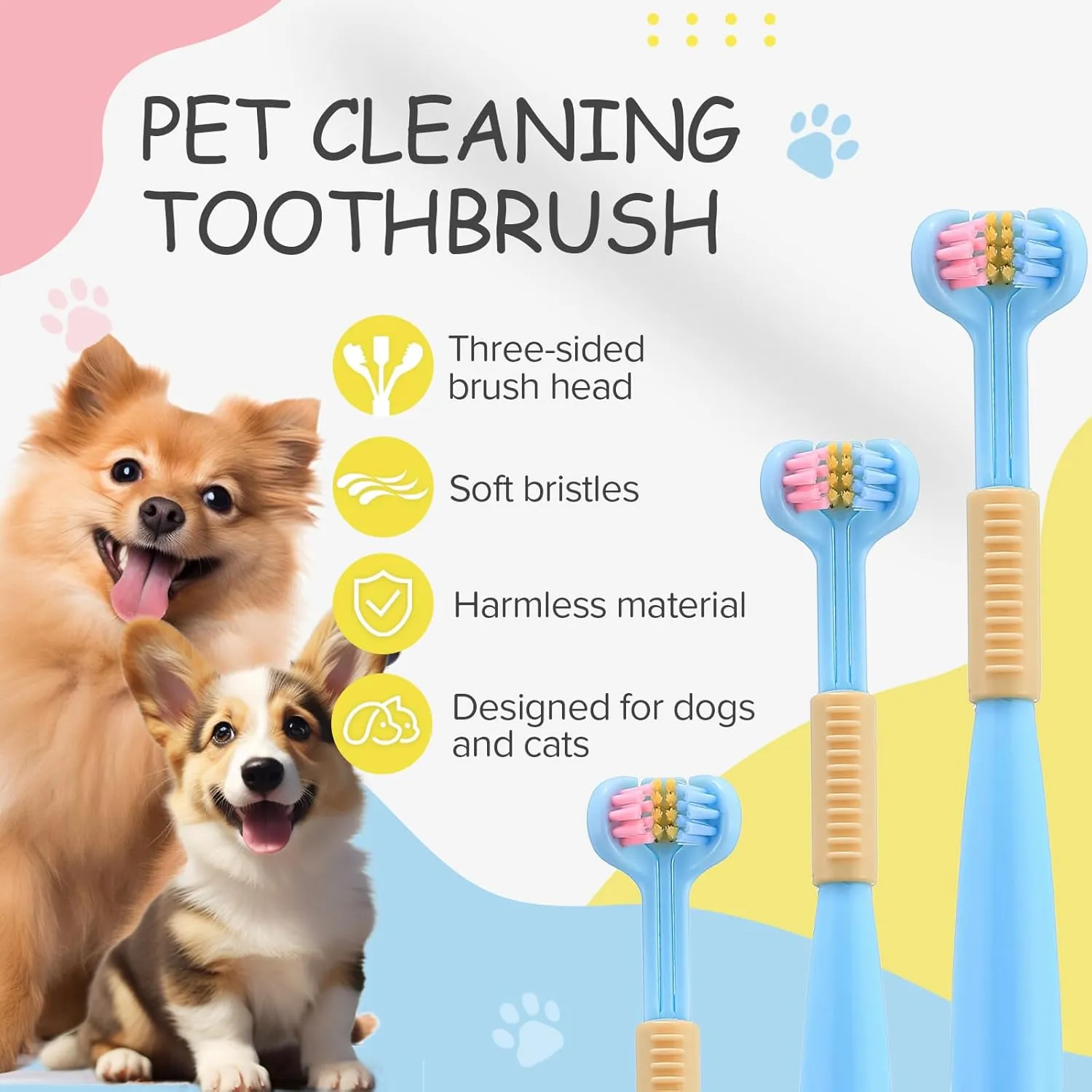 Three-Sided Dog Toothbrush, Great Toothbrush for Small Dogs & Puppies, Dog Tooth Brushing Kit for Cleaning Your Dog's Teeth, for Daily Care of Your Dog's Mouth. Blue, 4 Pcs S