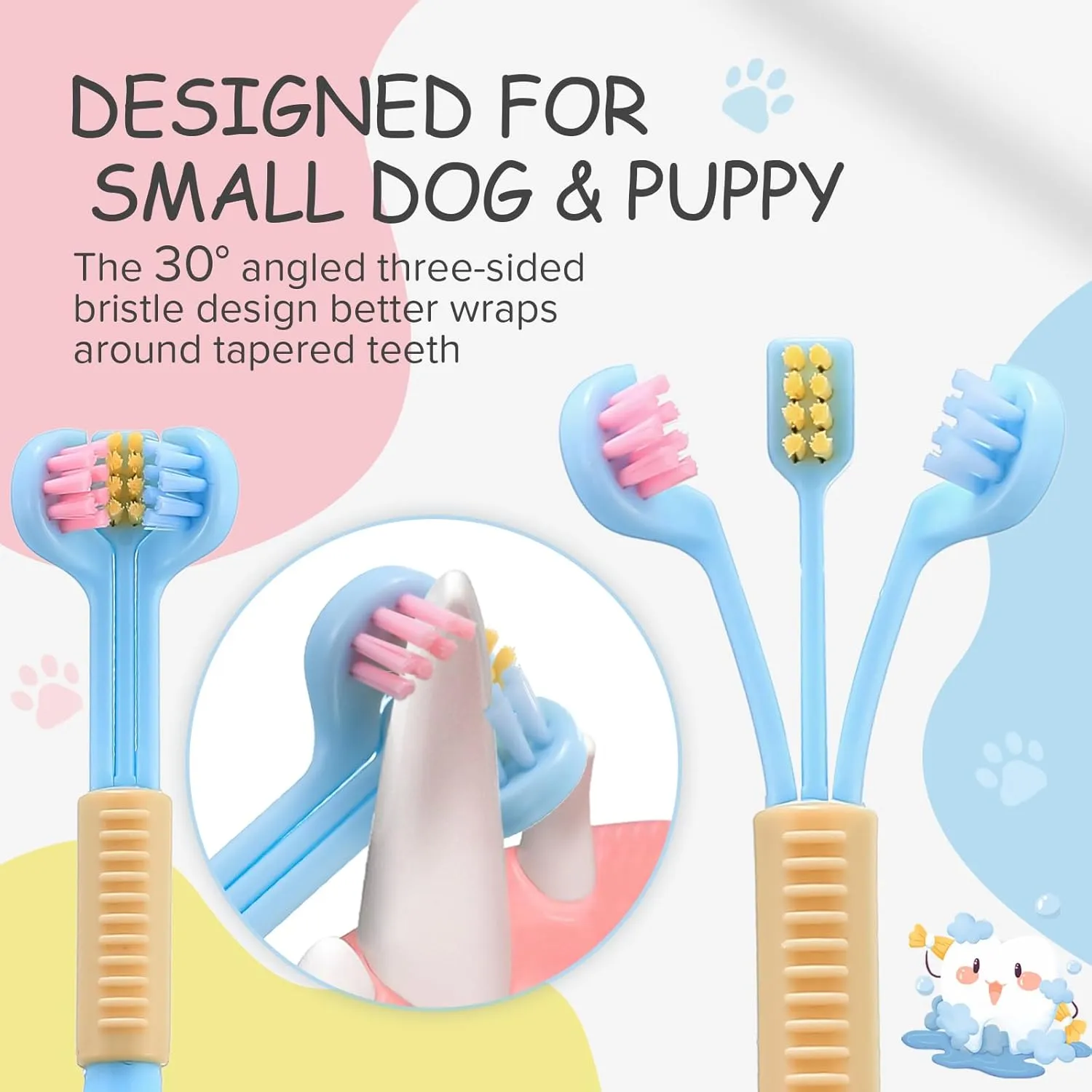 Three-Sided Dog Toothbrush, Great Toothbrush for Small Dogs & Puppies, Dog Tooth Brushing Kit for Cleaning Your Dog's Teeth, for Daily Care of Your Dog's Mouth. Blue, 4 Pcs S