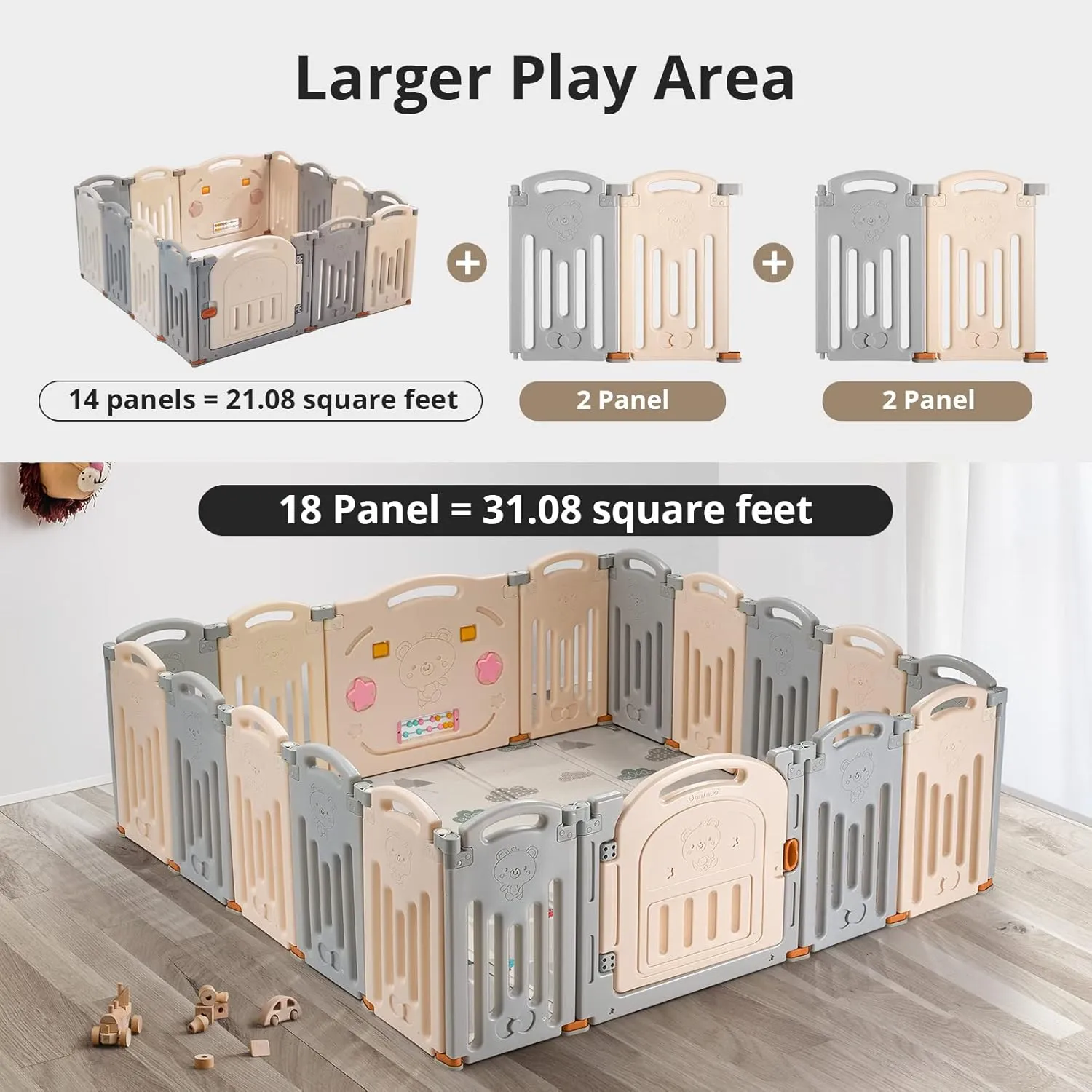 UANLAUO Baby Play Yards, Foldable Playpen 2-Panel Extension by Uanlauo, Baby Fence Play Pen NO Gaps with Gate, Safety and Durable Baby Playpen Panel (Grey   Cream)